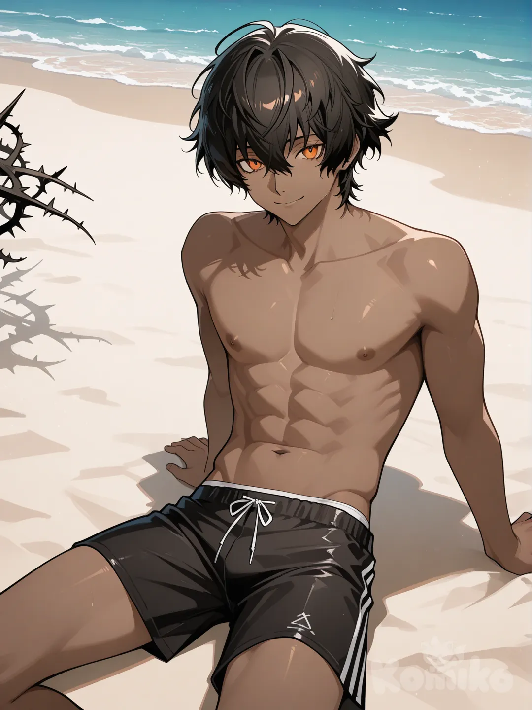 japanese male, dark skin, orange eyes, black beach shorts with white stripes, thorns (arknights), messy black hair, persona style, smile, beach