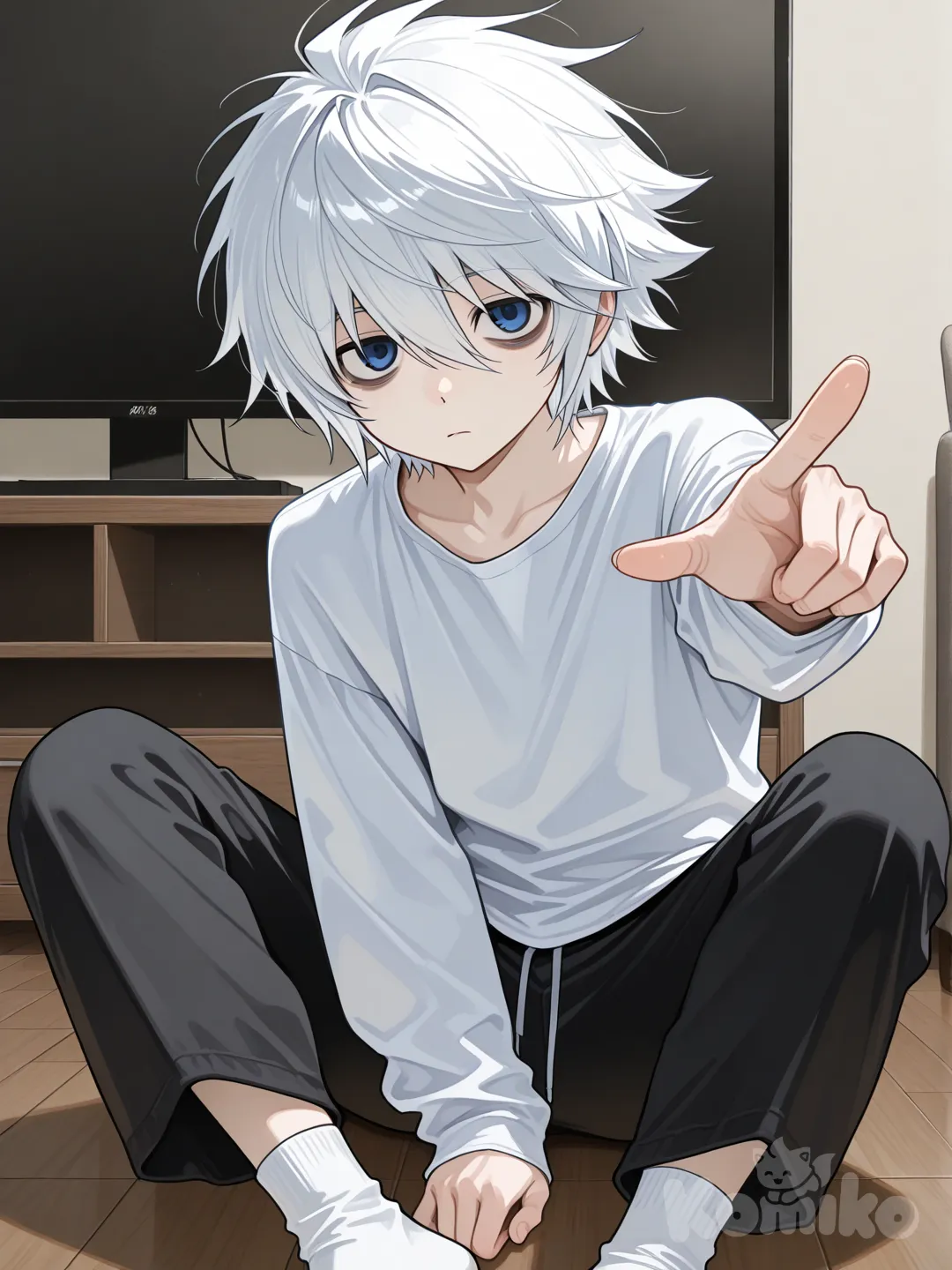 young japanese male, near (death note), white long sleeve t shirt, black sweatpants, white socks, blue eyes, living room, sitting on floor, expressionless, pointing at viewer, bags under eyes, white hair