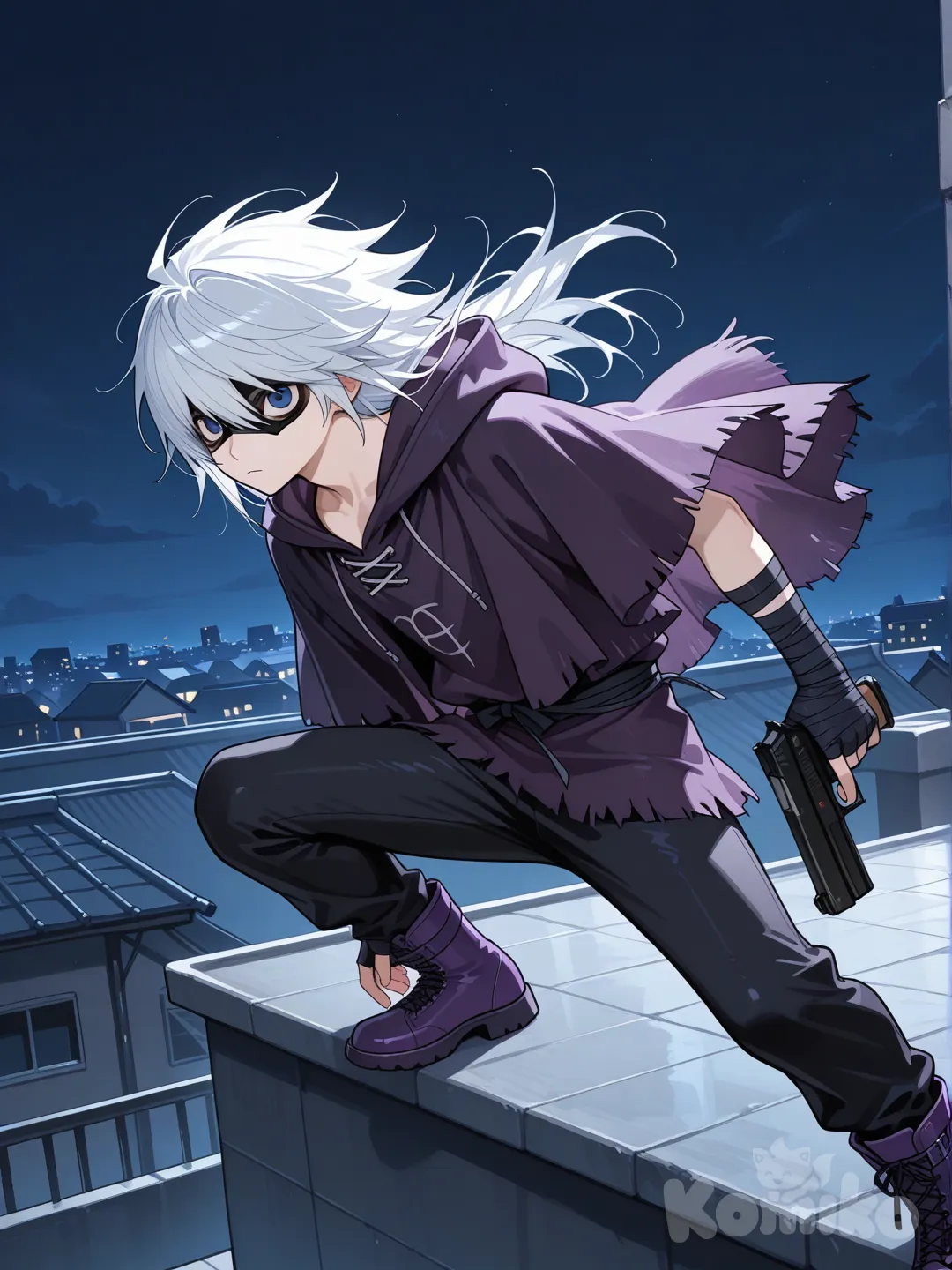 young japanese male, near (death note), blue eyes, expressionless, white hair, long dark purple poncho with hood, black body armor, black pants, purple boots, black arm bandages, raven domino mask, rooftop, holding pistol, fingerless gloves, hand in own hair