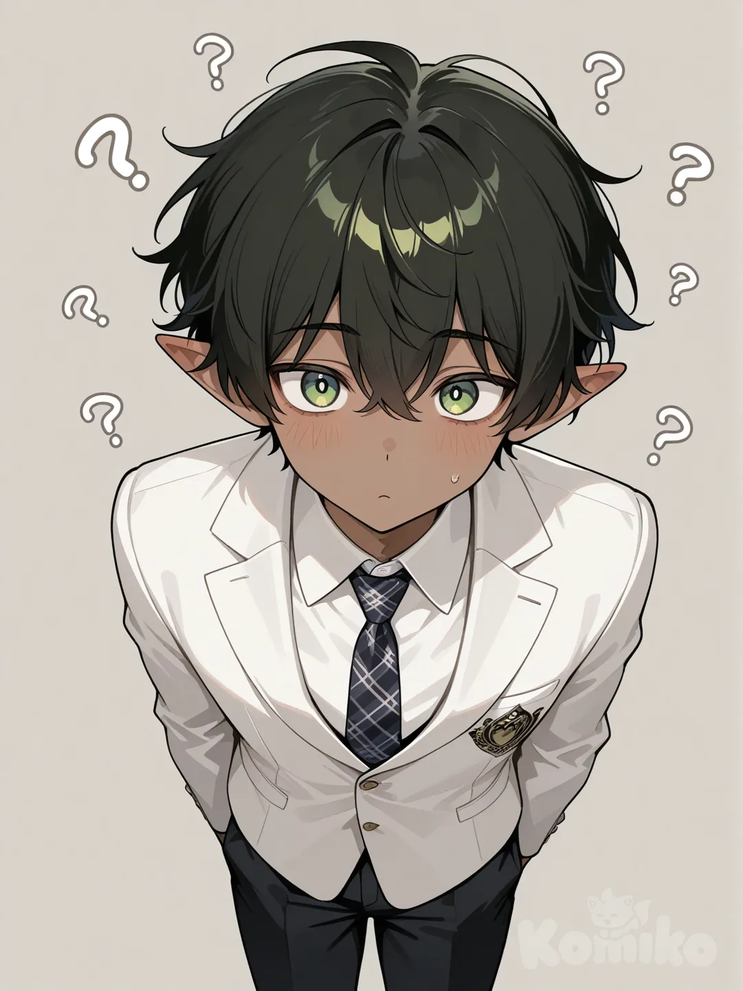 japanese male, dark skin, black hair, green eyes, pointy ears, white blazer, black plaid tie, black pants, confused