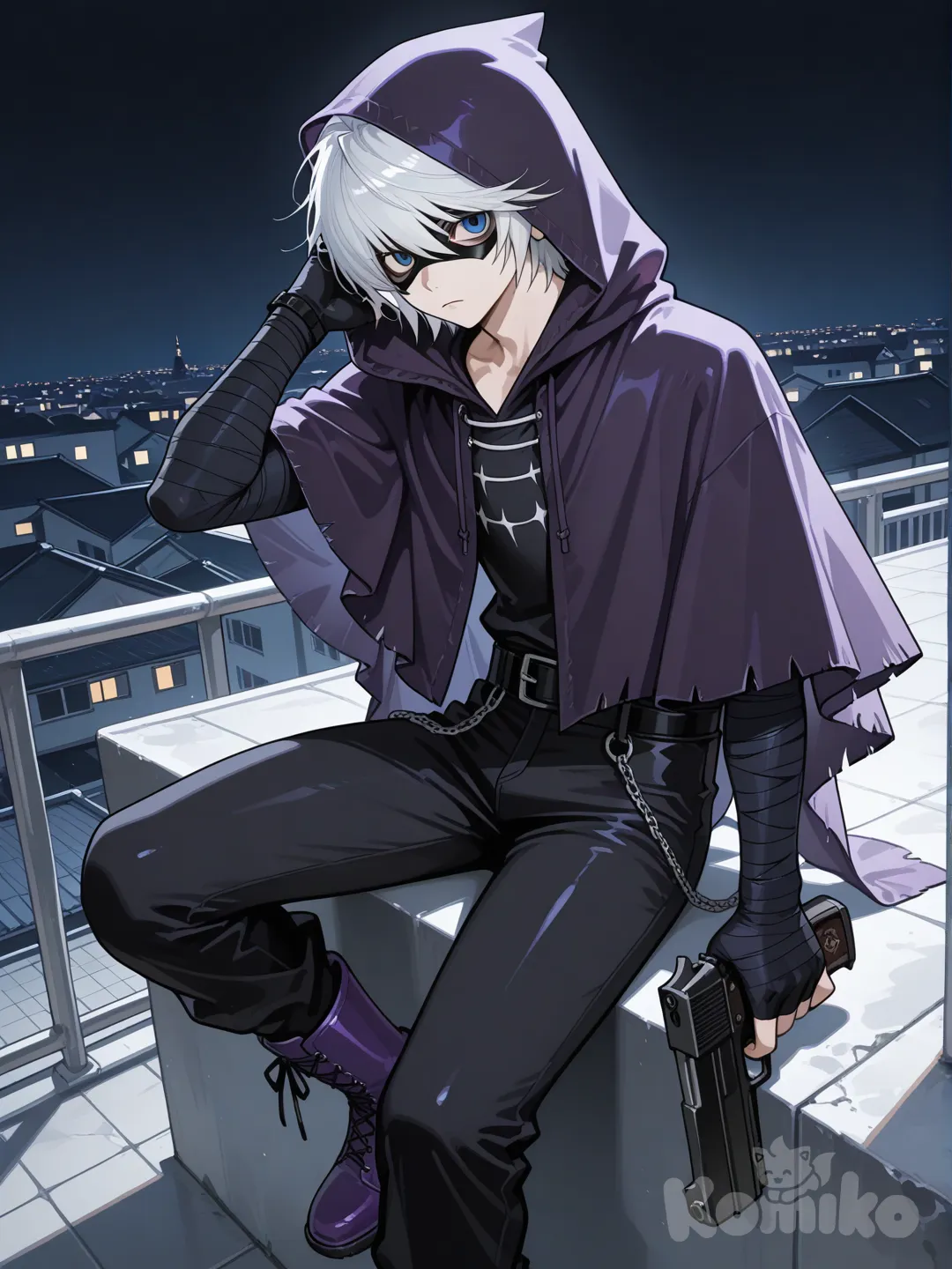 young japanese male, near (death note), blue eyes, expressionless, white hair, long dark purple poncho with hood, black body armor, black pants, purple boots, black arm bandages, raven domino mask, rooftop, holding pistol, fingerless gloves, hand in own hair