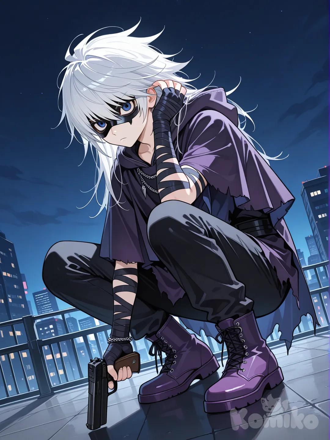 young japanese male, near (death note), blue eyes, expressionless, white hair, long dark purple poncho with hood, black body armor, black pants, purple boots, black arm bandages, raven domino mask, rooftop, holding pistol, fingerless gloves, hand in own hair