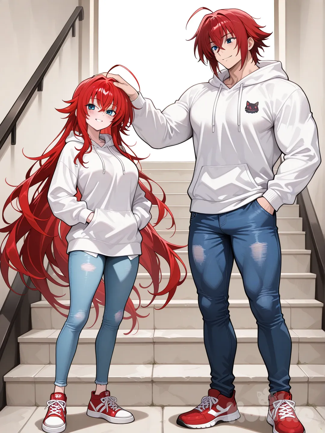 tall muscular japanese male, red hair, messy long hair, blue eyes, white hoodie, smile, pointy ears, skinny blue jeans, red sneakers, standing on stairs, hand in pocket

2people, rias gremory, headpat