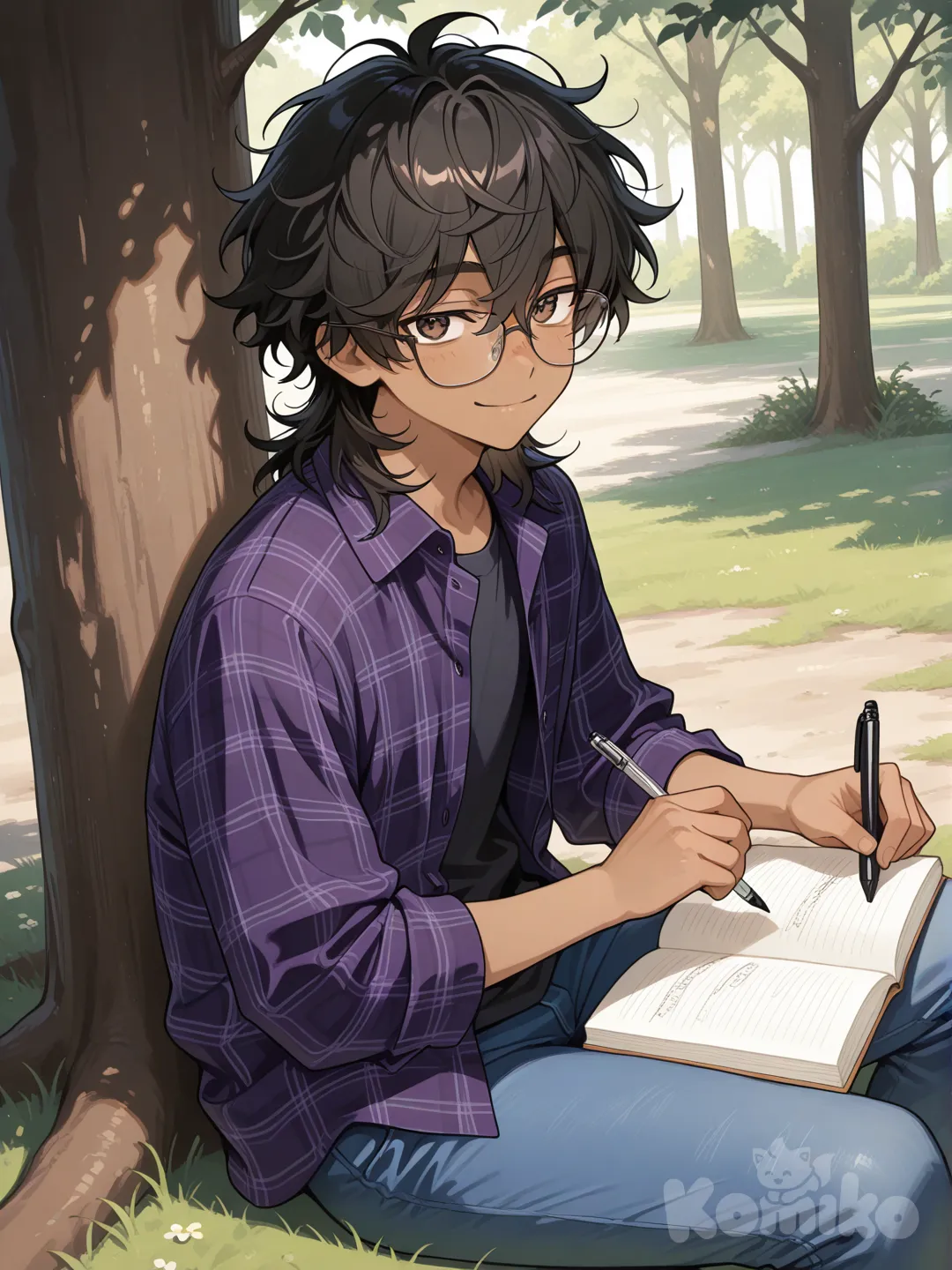 male, messy medium black hair, slightly tan skin, glasses, brown eyes, dark purple plaid shirt, black undershirt, blue jeans, sitting against tree, smile, looking at viewer, writing in book