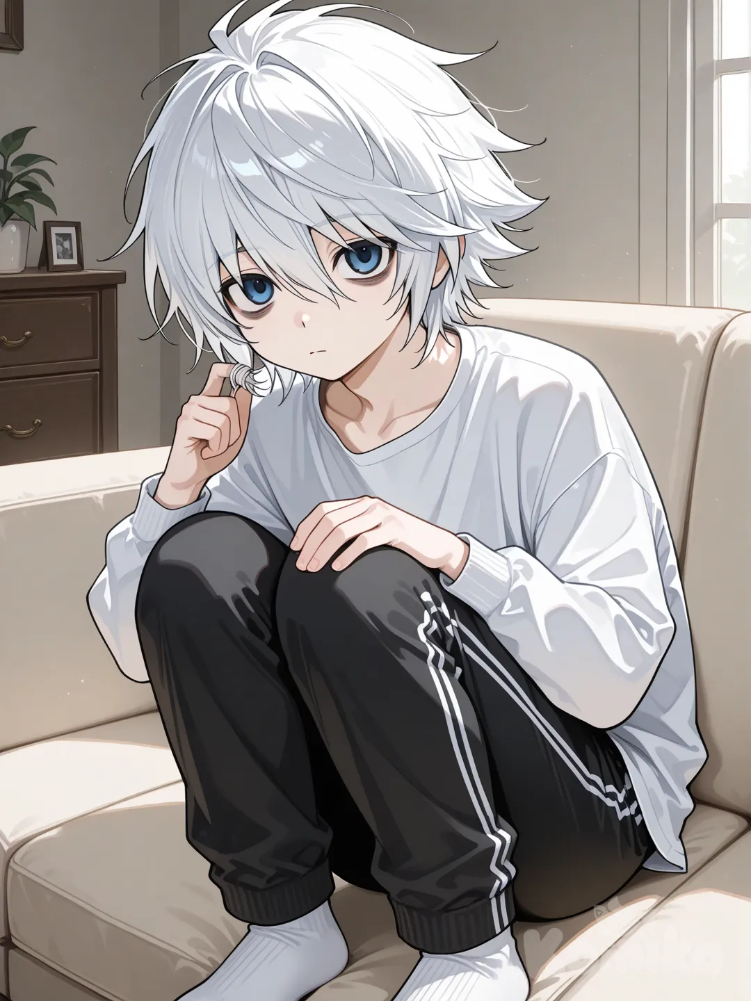 young japanese male, near (death note), white long sleeve t shirt, black sweatpants, white socks, blue eyes, living room, asian squat on couch, looking at viewer, bags under eyes, white hair, expressionless, hunched over, hand on own knees, sitting on couch, twirling hair
