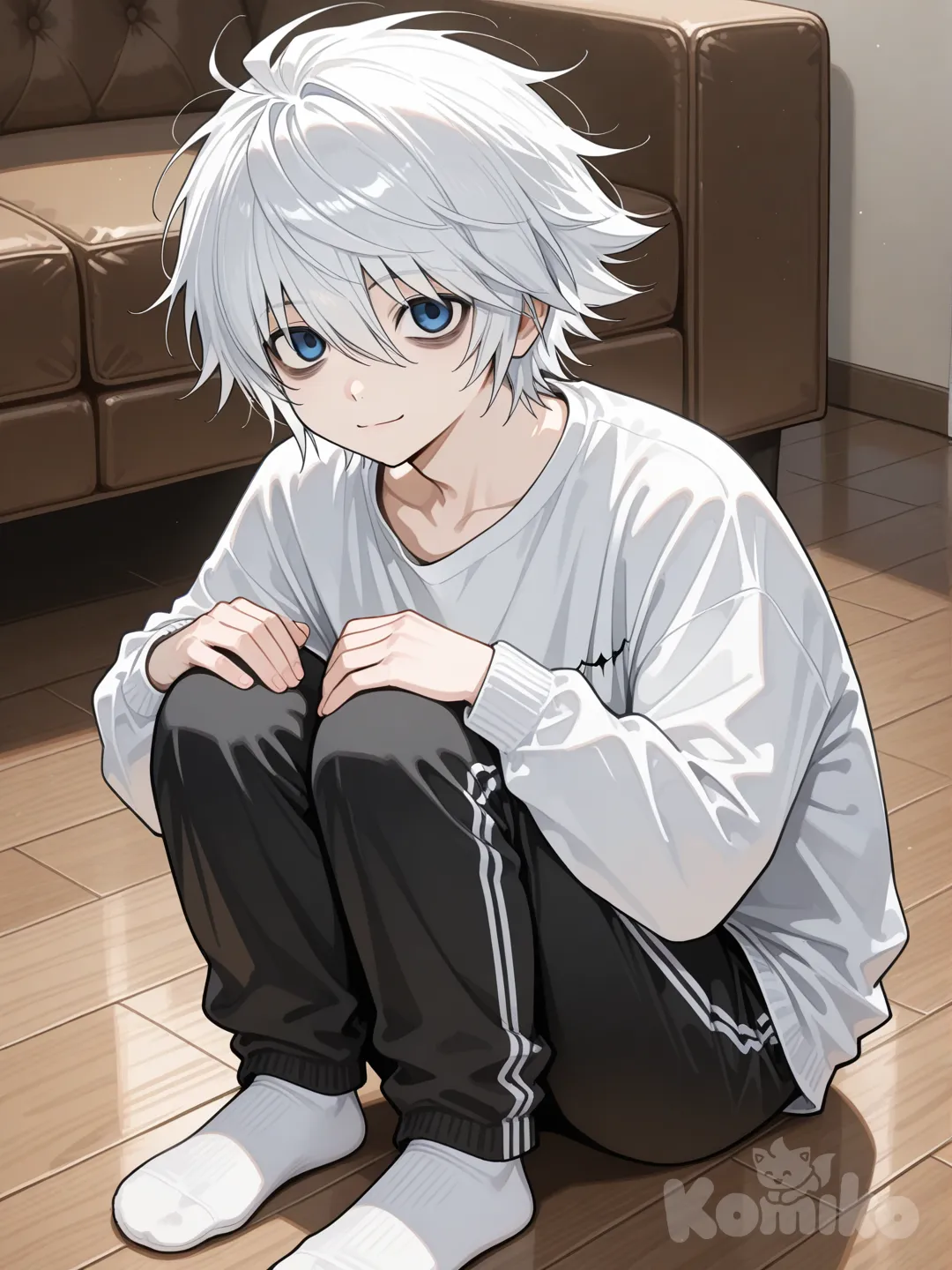 young japanese male, near (death note), white long sleeve t shirt, black sweatpants, white socks, blue eyes, living room, asian squat, looking at viewer, bags under eyes, white hair, slight smile, hunched over, hands on own knees, sitting on floor
