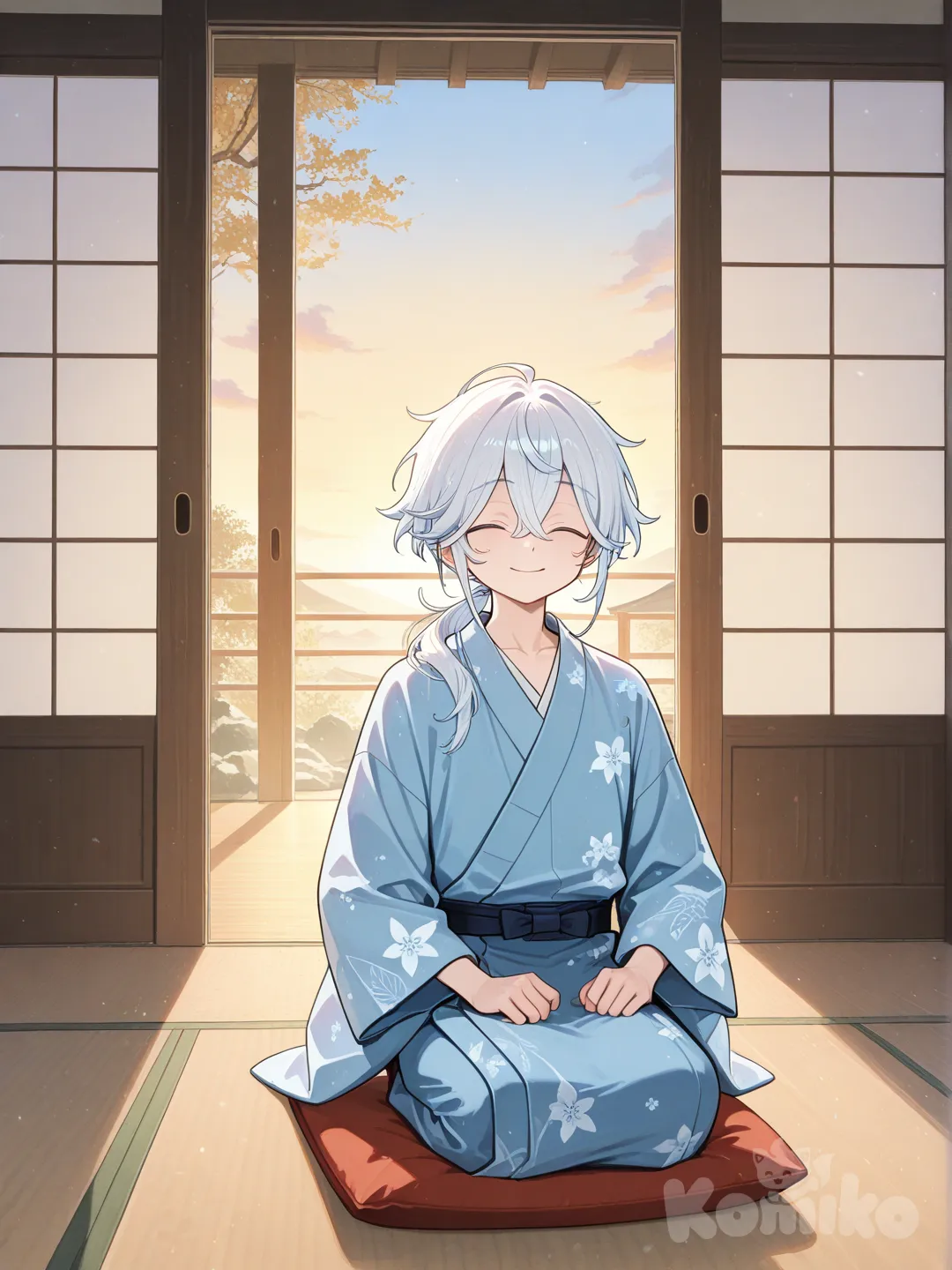 young japanese male, closed eyes, long white hair, low ponytail, sky blue kimono, smile, waving, inn room, sitting in room