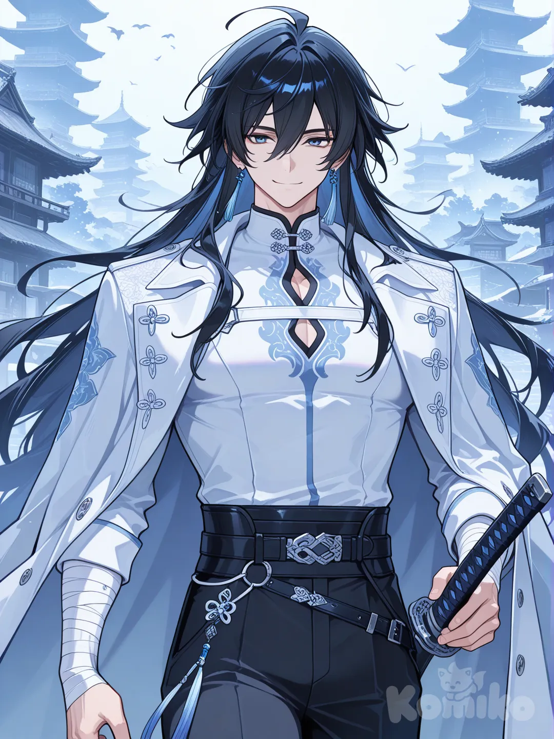 tall japanese male, long black hair, hair between eyes, blue eyes, long white coat, black pants, arm bandages, sheathed katana, smile, upper body