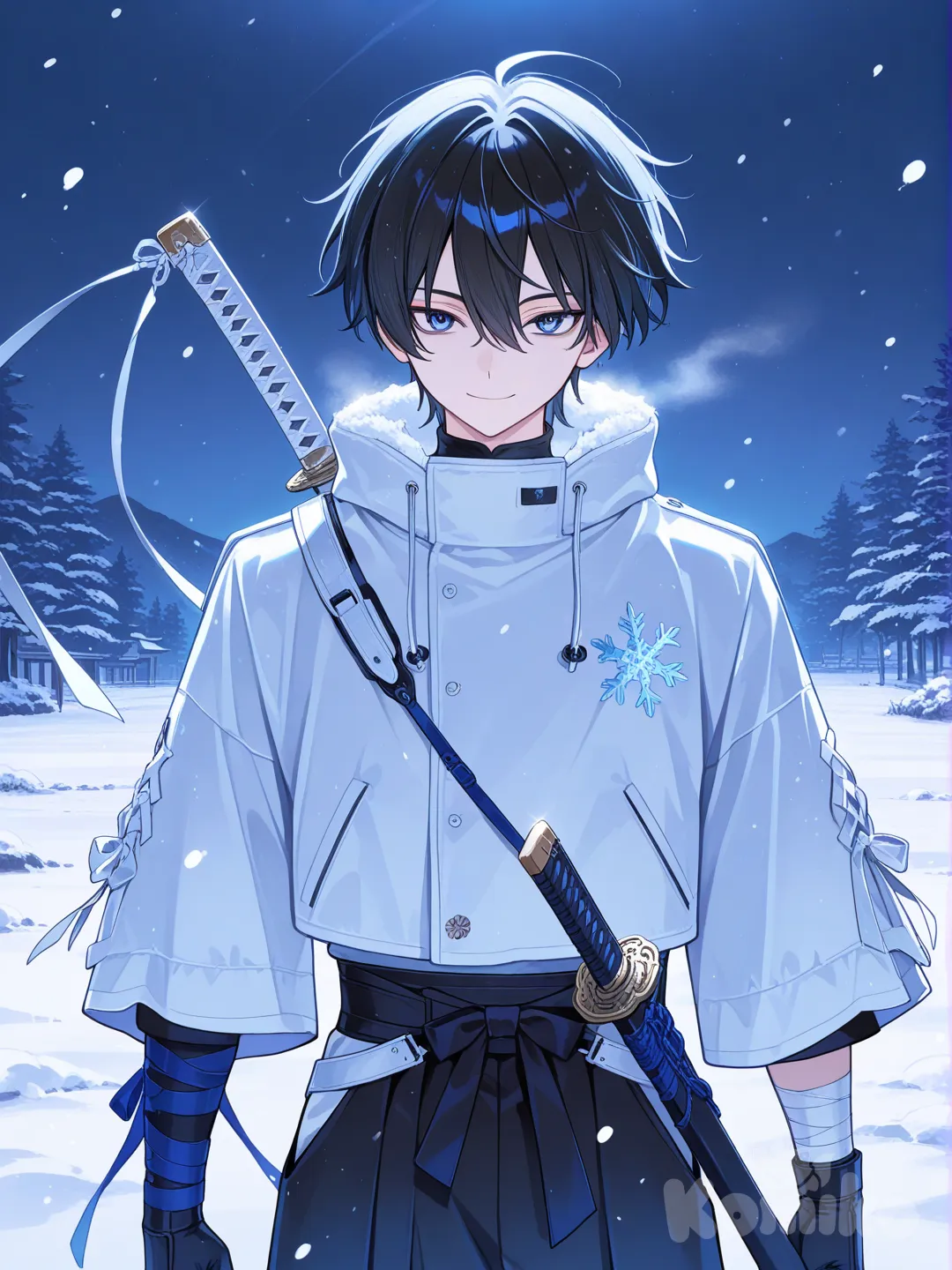 tall japanese male, long black hair, hair between eyes, blue eyes, long white coat, black pants, arm bandages, holding katana, smile, upper body, snowing
