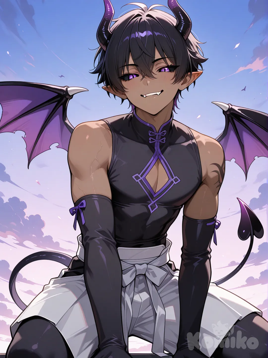 japanese male, pointy ears, dark skin, black hair purple eyes, demon horns, fangs, smirk, demon tail, demon wings, black sclera, sleeveless black bodysuit, seductive smile, hakama shorts with leggings underneath, long black arm warmer gloves, reaching towards viewer, in sky
