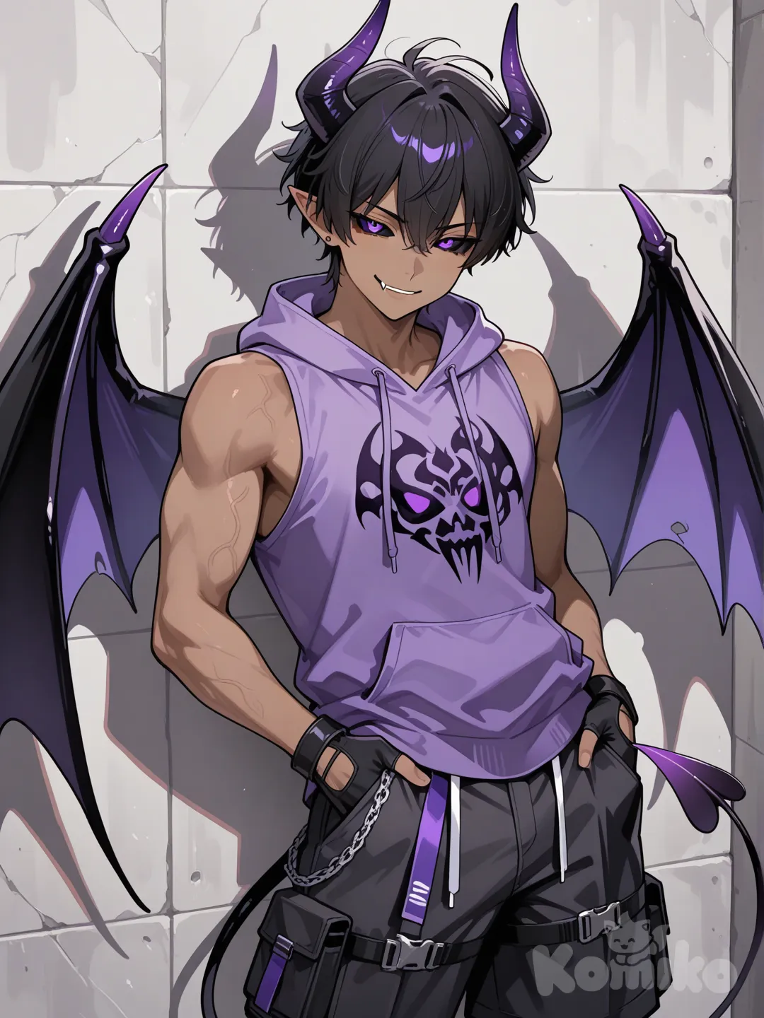 japanese male, pointy ears, dark skin, black hair purple eyes, demon horns, fangs, smirk, demon tail, demon wings, black sclera, seductive smile, leaning on wall, sleveless purple hoodie, black cargo shorts, black fingerless gloves, hands in pockets