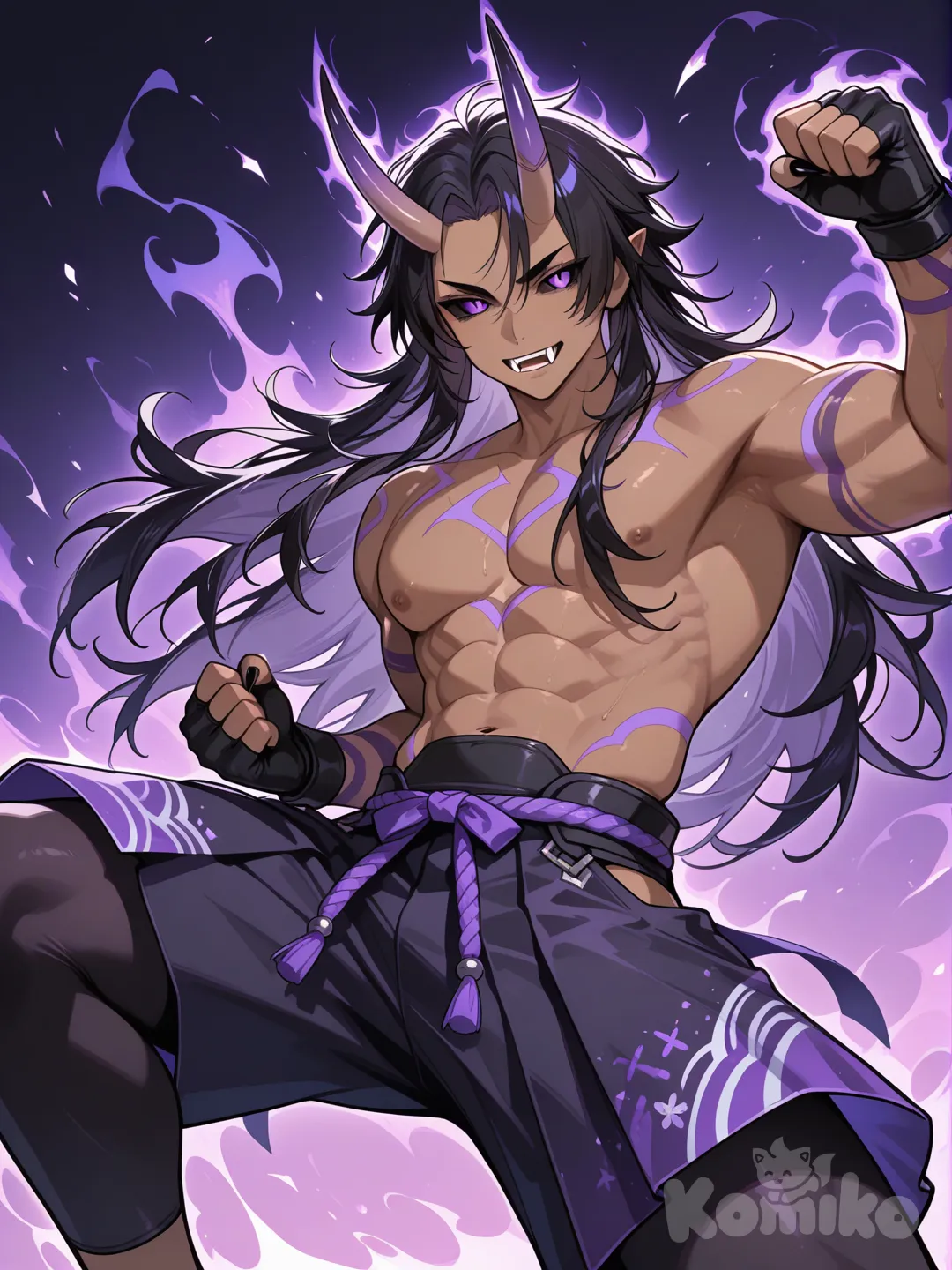 japanese male, long black hair, demon horns, dark skin, purple eyes, black sclera, fangs, purple body markings, claws, purple aura, clenched hand, raised fist, teenager, black fingerless gloves, fighting stance, hakama shorts, black leggings under shorts, shirtless
