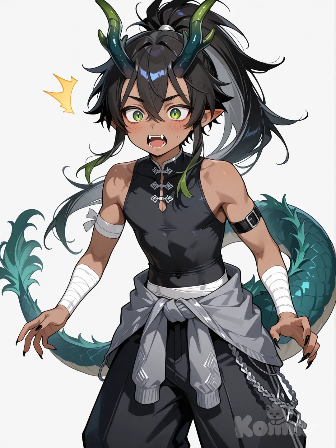 teen male, pointy ears, dragon horns, dragon tail, dark skin, green eyes, dragonic eyes, high ponytail, sleeveless skin tight shirt, black baggy pants, long black hair, white pelt around waist, upper body, arm bandages, sharp fingernails, fangs, hair between eyes, slight blush, surprised