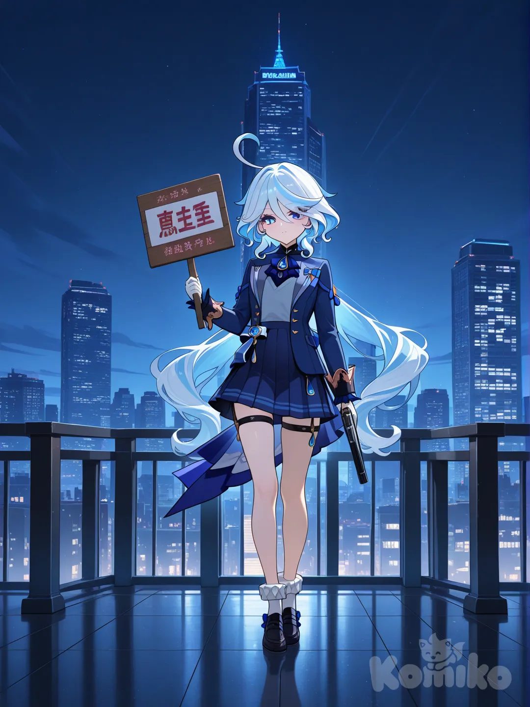 Furina (Genshin Impact) make, school vest, full body, holding gun, holding sign, cinematic lighting, skyscraper