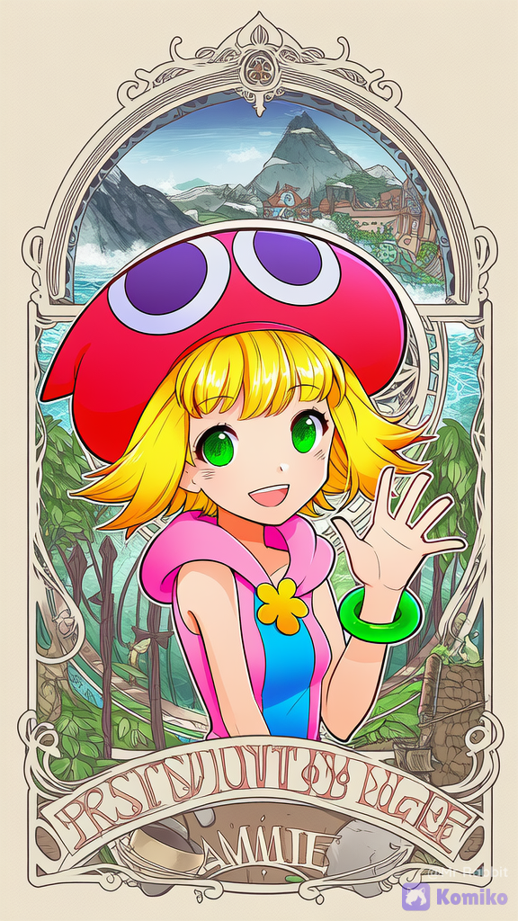 1girl, amitie (puyopuyo), puyopuyo, green eyes, blonde hair, short hair, hat, red headwear, portrait, mountain village, waving, [clean-storybook-style]