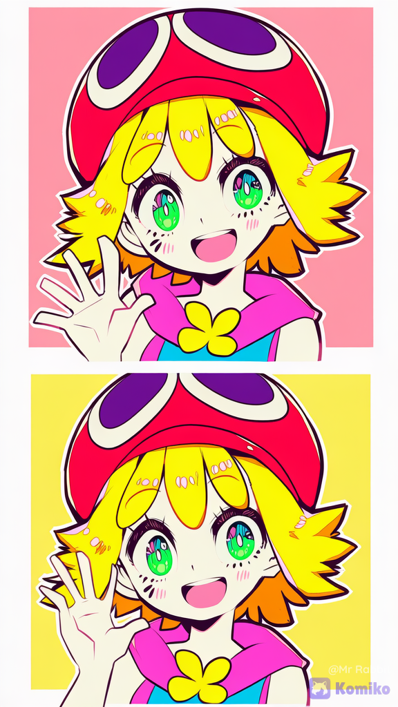 1girl, amitie (puyopuyo), puyopuyo, green eyes, blonde hair, short hair, hat, red headwear, portrait, mountain village, waving, [pop-sparkle-style]