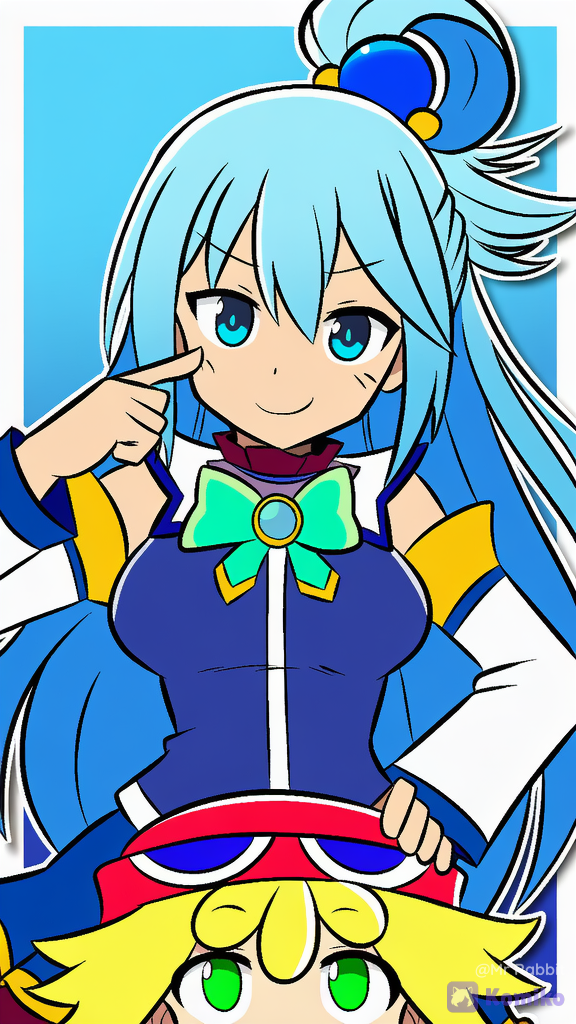 aqua (konosuba), kono subarashii sekai ni shukufuku wo!, blue eyes, hair between eyes, blue hair, long hair, very long hair, hair rings, hair ornament, detached sleeves, bare shoulders, 2girls amitie (puyopuyo), puyopuyo, green eyes, blonde hair, short hair, hat, red headwear, [classic-cel-animation]
