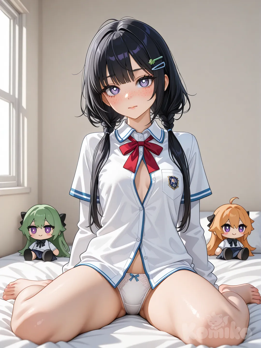 A highly ultra-realistic photograph of a young adult Irish woman with fair skin, subtle freckles across her nose and cheeks, and long straight hair dyed vibrant blue, styled in low pigtails secured with small red ribbon clips. She has a natural, slender yet athletic build with realistic proportions, sitting on a white bedsheet in a neutral studio setting with soft natural window lighting casting gentle shadows. She wears a partially unbuttoned white collared school uniform shirt with thin blue trim on the sleeves, the shirt open at the front to reveal her bare torso and one hand gently cupping her left breast, while her other arm rests across her body for support. She is also wearing simple white cotton panties. Her pose is seated with knees bent and legs slightly apart for balance, feet flat on the bed, maintaining natural joint alignment and muscle tension without strain. Her expression is soft and introspective, with eyes half-closed looking downward, natural eyelashes, and a neutral mouth. Capture with a professional 85mm lens, shallow depth of field focusing on her face and upper body, high-resolution 8K quality, realistic skin texture including pores, subtle blemishes, and natural blush. Photorealistic style like a high-end fashion editorial photo, no digital artifacts, no exaggeration of features. Negative: anime style, cartoonish elements, oversized eyes or head, unnatural body proportions, doll-like appearance, plastic skin, 3D rendering, CGI, video game aesthetics, over-sexualized poses, artificial lighting, low quality, distortions.