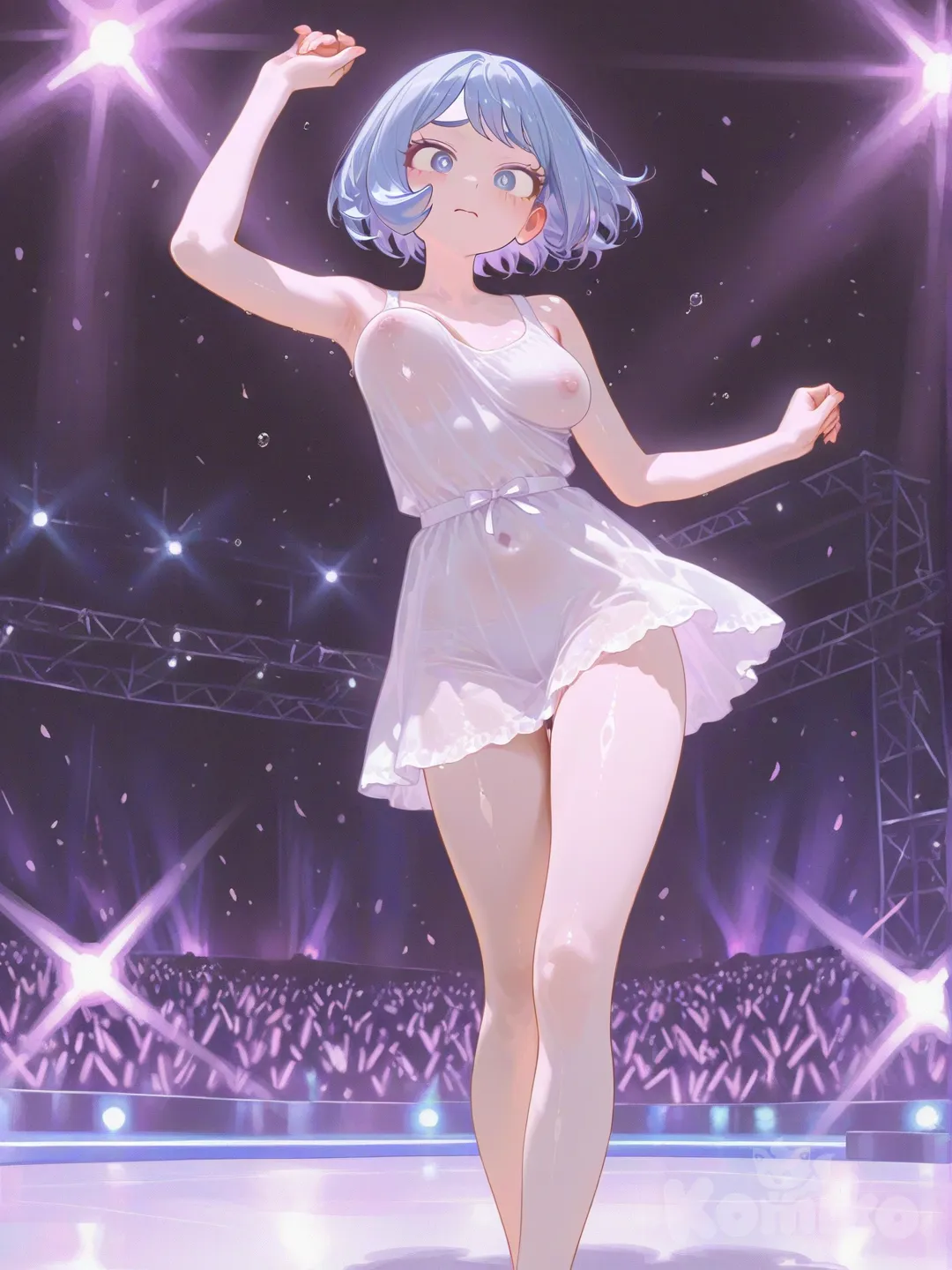 Small body, short hair, one piece dress, dancing, boobs bouncing unevenly, nipples form mildly visible, background underground show, worried expression , [sensual-glossy-style], Hadou Nejire, Yaoyorozu Momo