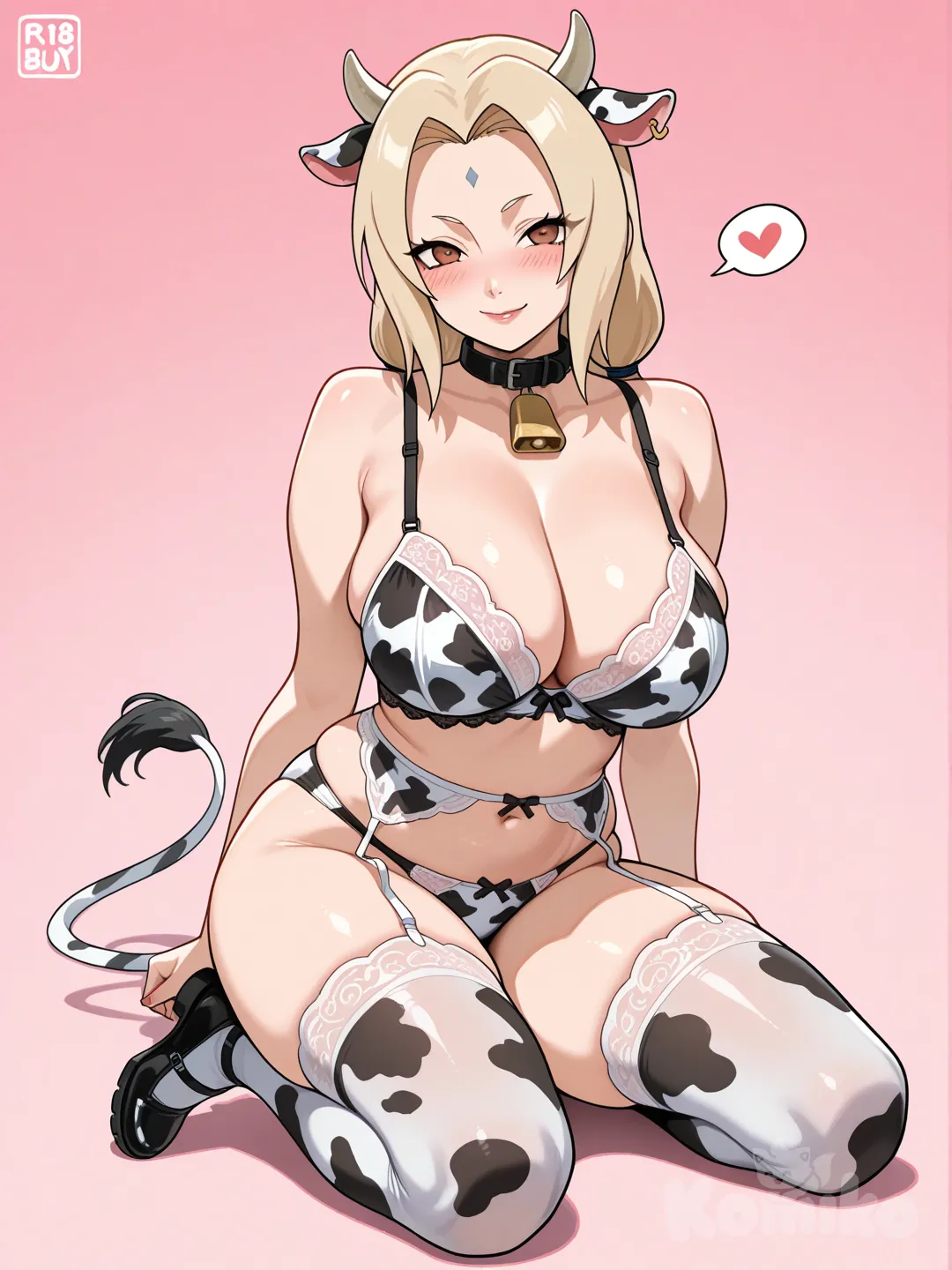 tsunade (naruto), turned to a sexy cow-woman, full body, blush, a cow patterned lingerie