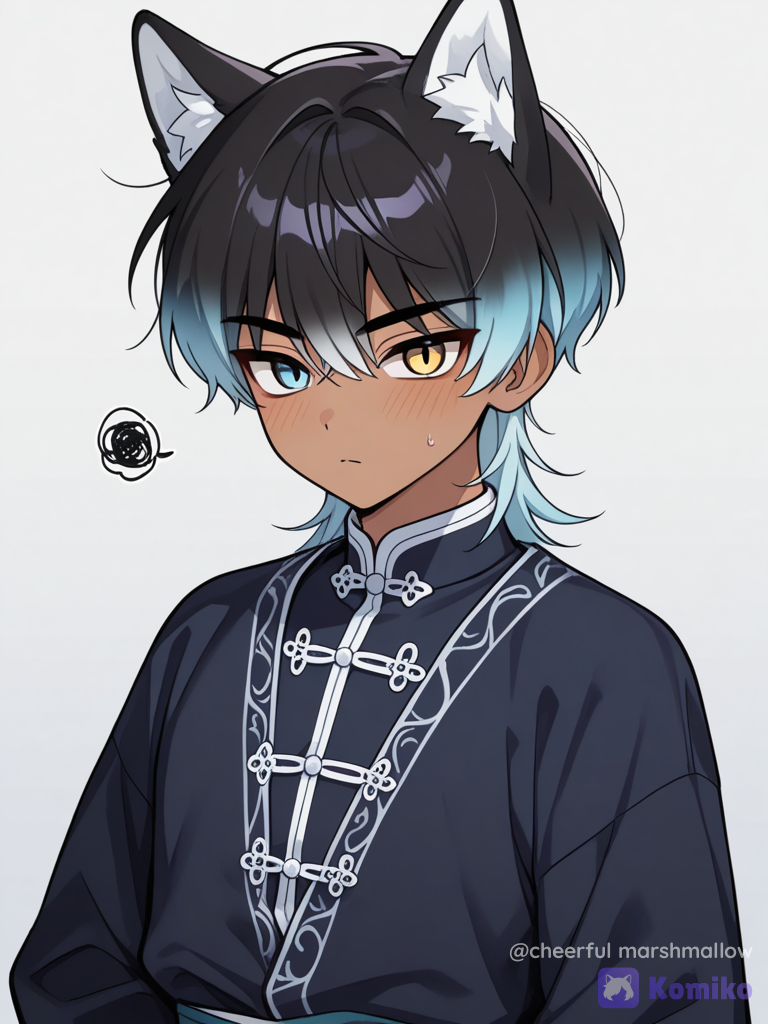 manhwa style realista, hombre de 20 años, piel morena clara,orejas de lobo negras, cabello negro con degradado azul, corte wolf cut, un ojo negro y azul claro aspecto de alfa