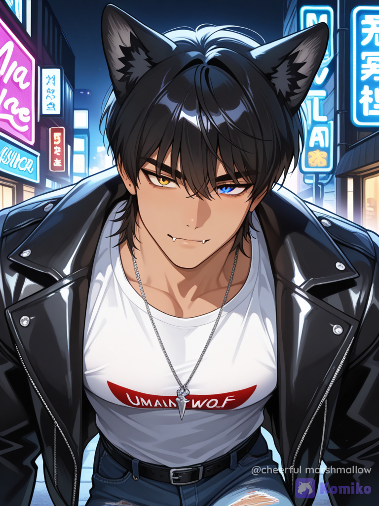 manhwa style realista, hombre de 20 años, piel morena clara,orejas de lobo negras, cabello negro con degradado azul, corte wolf cut, un ojo negro y azul claro aspecto de alfa
