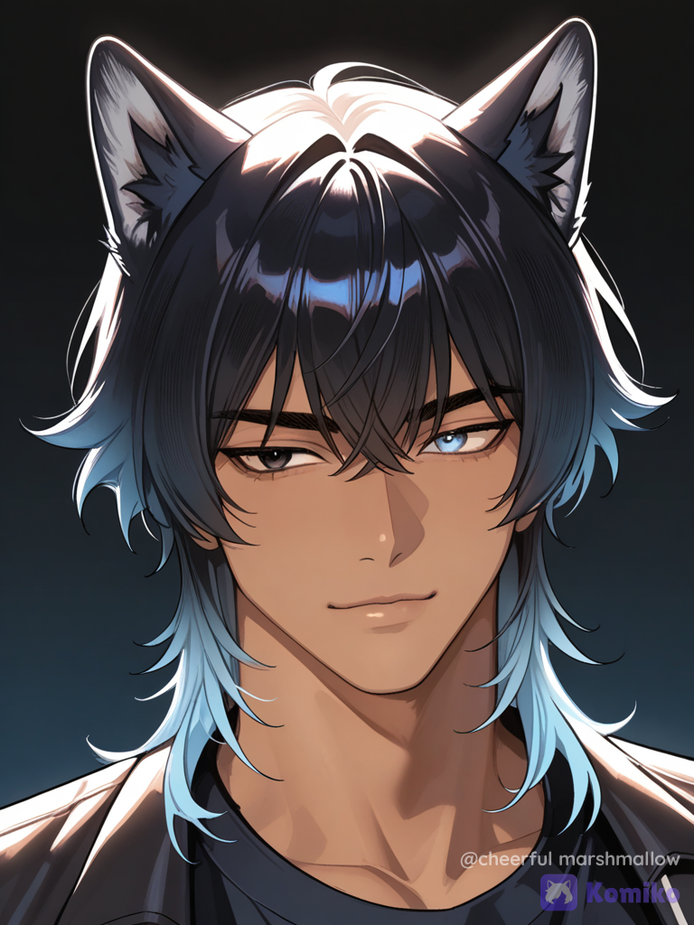 manhwa style realista, hombre de 20 años, piel morena,orejas de lobo negras, cabello negro con degradado azul, corte wolf cut, un ojo negro y azul claro aspecto de alfa