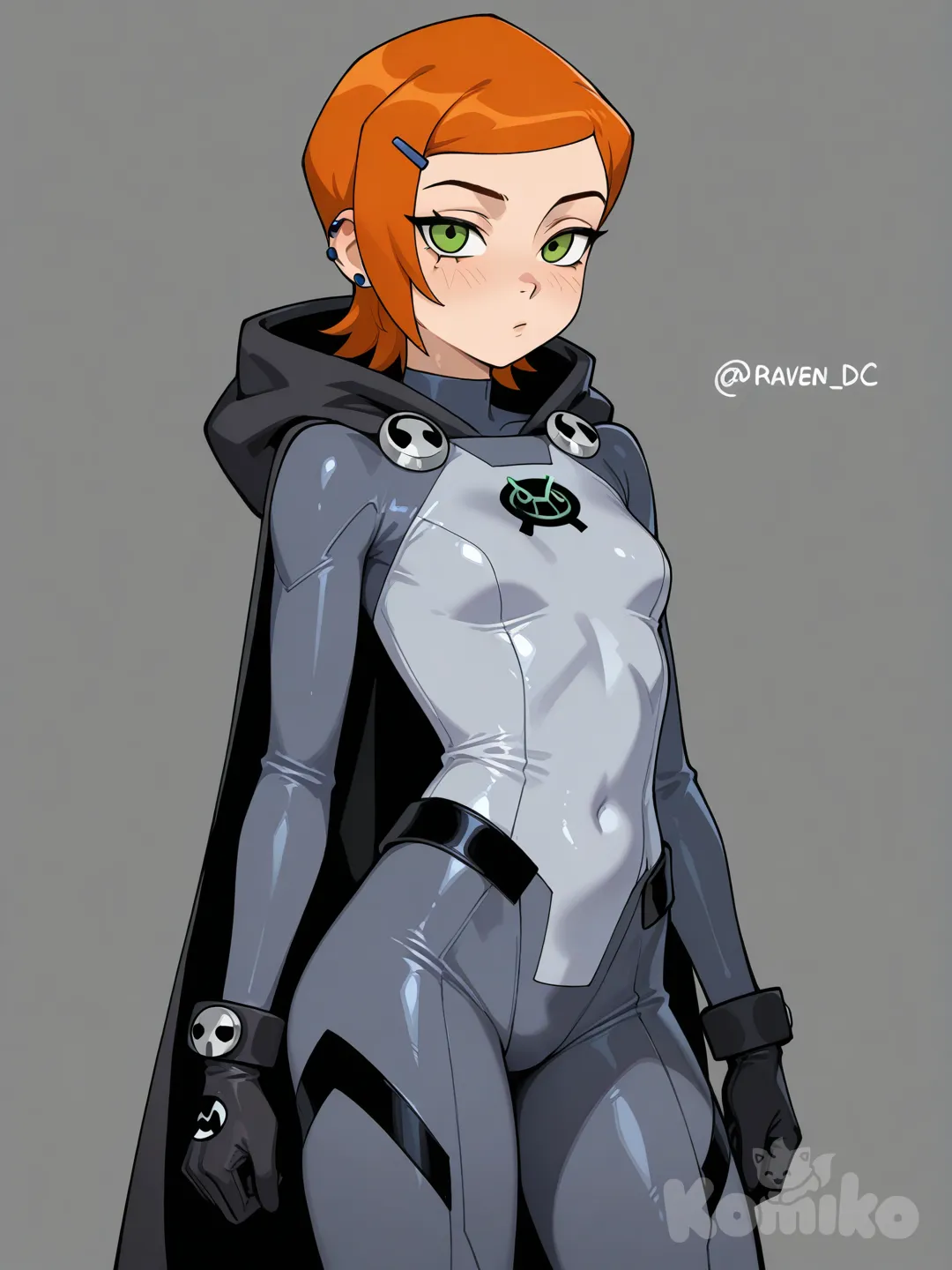 gwen tennyson, ben 10, green eyes, orange hair, short hair, hairclip, small breasts , in raven (dc) body suit, 1girl