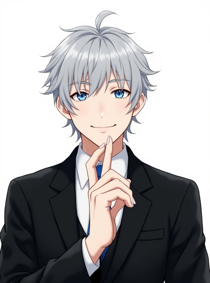1boy, solo, full_body, looking_at_viewer, handsome, young, long_hair, flowing_hair, silver_hair, blue_eyes, smile, confident, elegant, black_coat, anime_style, simple_background, white_background