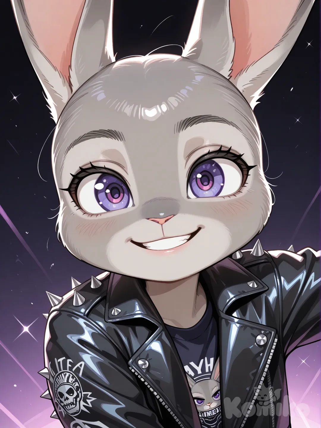 @Judy_Hopps, dancing, punk leather jacket, portrait