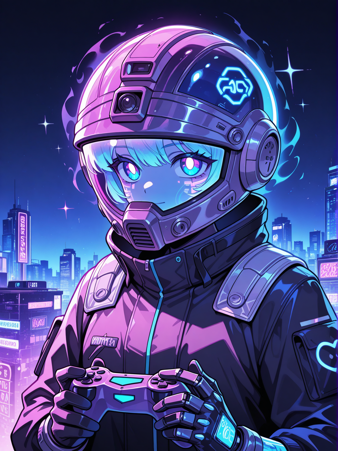 Create a cyberpunk-inspired, digital ghost character known as JoystickPhantom. They have a sleek, neon-lit, futuristic design, with a translucent, ethereal glow, almost as if they're part of a virtual world. Their body is semi-transparent with glitch effects, and their head is adorned with a retro joystick helmet that pulses with light. They wear a high-tech jacket with glowing circuit patterns, and their hands are equipped with mechanical gloves that resemble game controllers. The character exudes a mysterious aura, blending the past and future of gaming. In the background, a digital city skyline with neon lights and holographic elements sets the stage for this phantom figure who navigates both the physical and virtual realms.", closeup