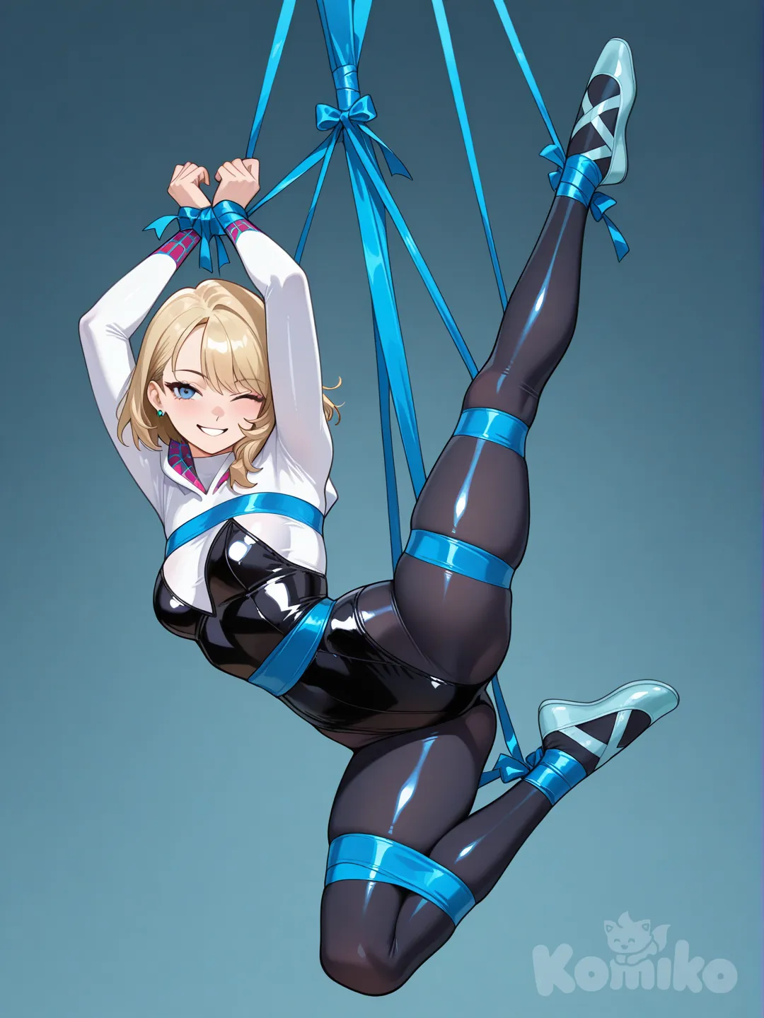 @Gwen_Stacy shiny normal outfit, black shiny leggings, ballet shoes (blue color of normal shoes), ribbon tied (ribbon color match shoes), full body, leg up, leg tied, breasts tied, smile, one eye closed, hands up, hands tied together, tied to object overhead