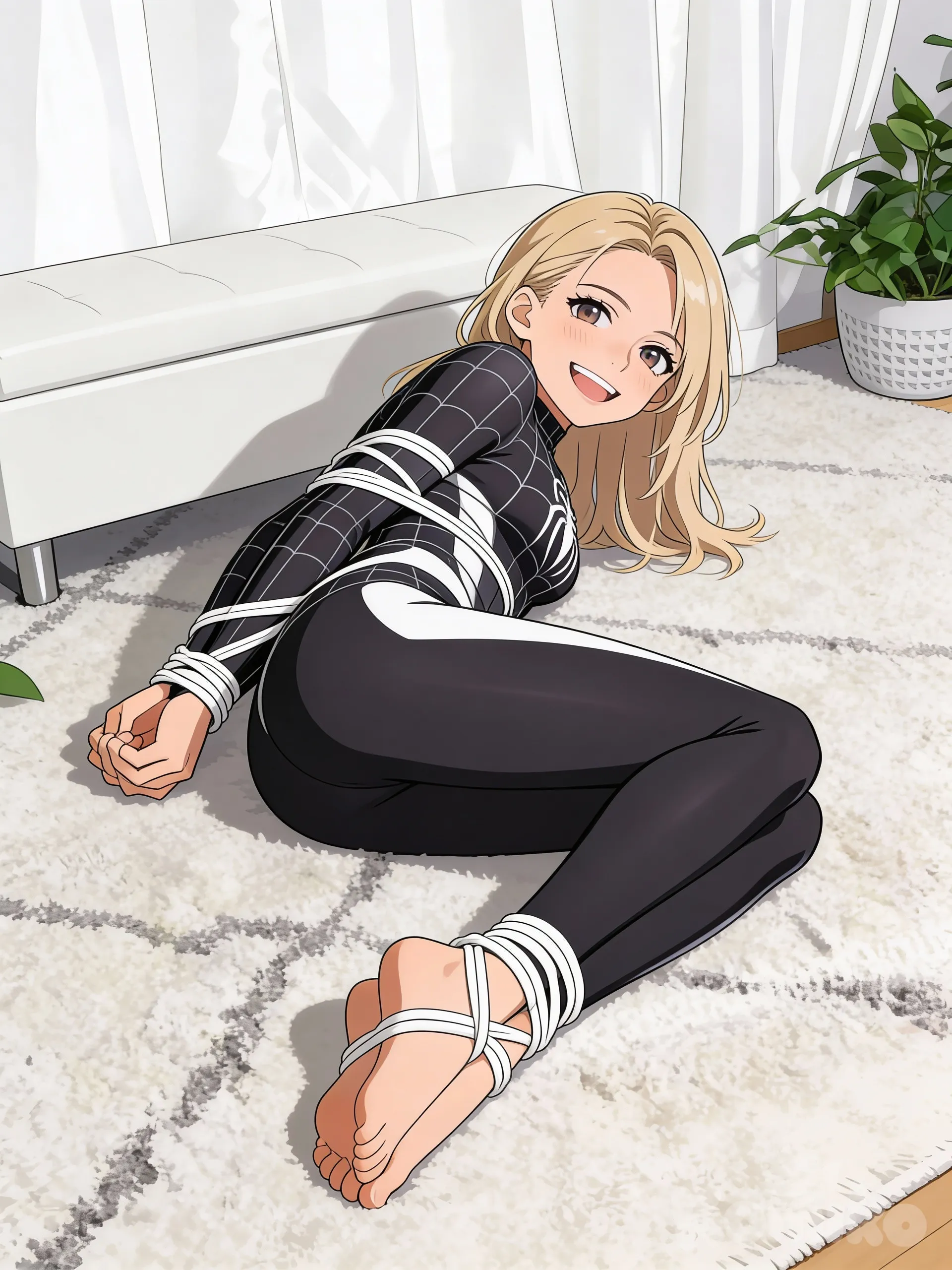 Anime style, Blonde, full body, black and white spider girl outfit, lying on side, hands tied behind back, feet tied, rope tied, white rope, smile