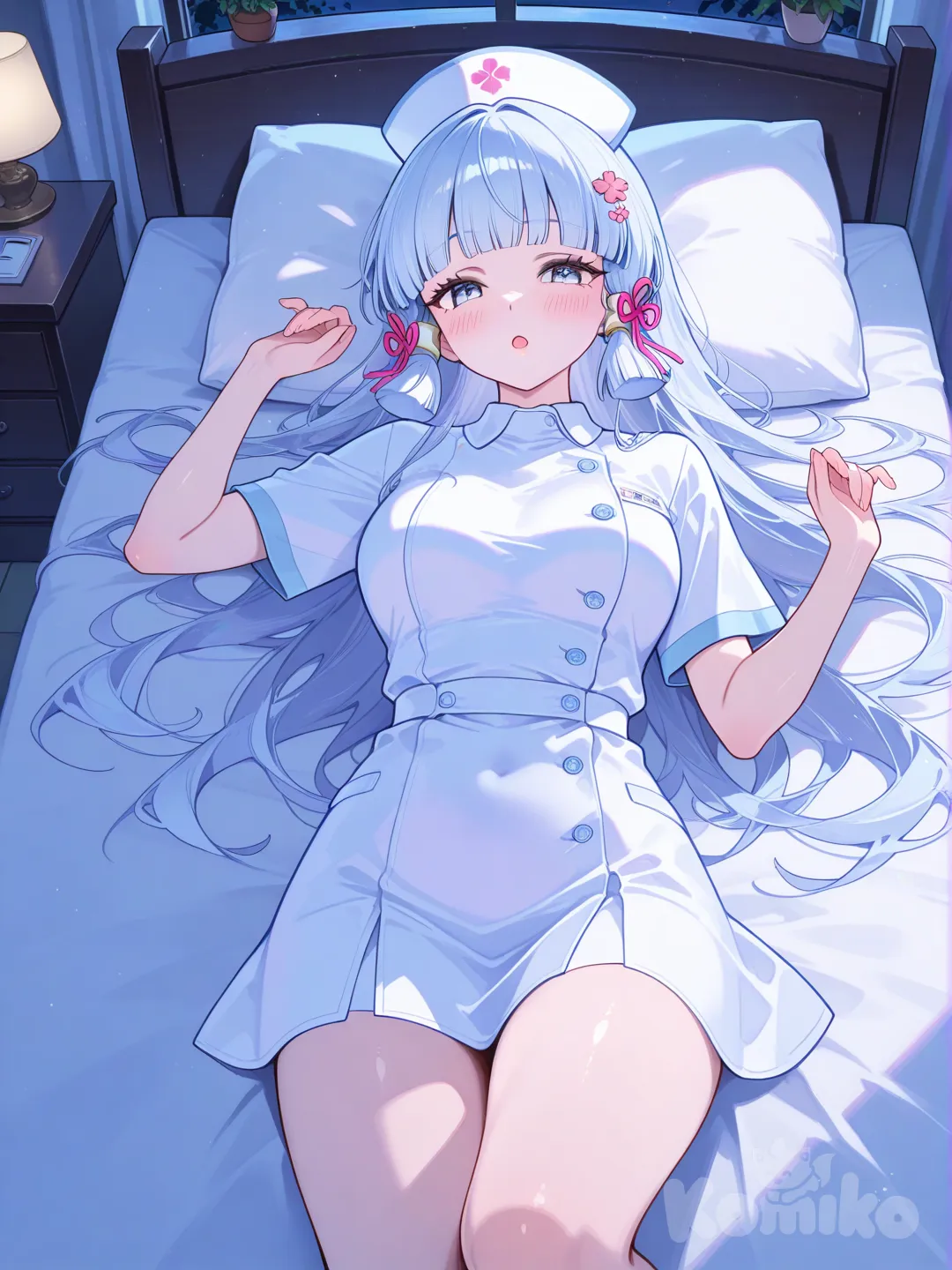 night, laying on bed, from above, hand up, open mouth, nurse, blush, Kamisato Ayaka, mature female