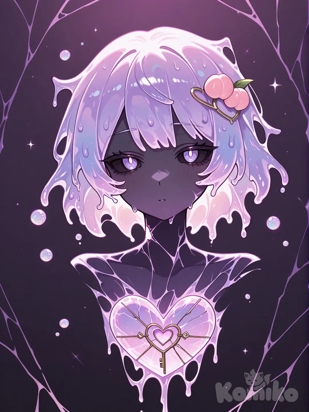 library of ruina, Library of Ruina style, art by Project Moon, UI character portrait, 2D game art. A creature named "Timid Tenderness", a female humanoid figure made of translucent, glowing peach-colored slime. Her sclera are dark peach, with irises in a pink-purple gradient that glow with a soft blacklight/UV light effect. The slime on her head forms hair that melts into a puddle at her feet, where her lower body dissolves. Two strands of slime on her head form a small heart shape. Faint heart-shaped bubbles float inside her form. In the center of her chest, a core heart is visible: a sphere with tiny, warm-glowing cracks, sometimes weakly deforming into a heart shape. The background is a minimalist, dark UI with key pages, emphasizing her soft, bioluminescent glow. Muted background with vibrant peach, pink, and purple accents.