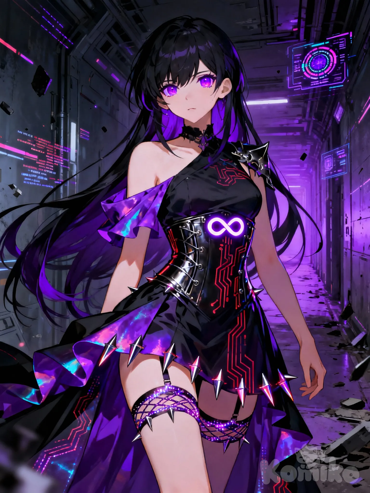 anime art, Honkai: Star Rail style, official art, vibrant colors, dynamic lighting

1girl, solo, Stellaron Hunter, elegant and deadly, captivating gaze
Long black hair with dark purple strands, glowing acid-purple eyes with data rings instead of pupils, pale flawless skin, slender figure

Asymmetric black dress with purple iridescent folds, crimson circuit patterns, dark metal corset with glowing infinity symbol (∞) center, garter belts with data threads, sharp chroma spikes

Digital distortion background, glitching data streams, holographic UI elements, dark tech fantasy, ominous glow, space station corridor