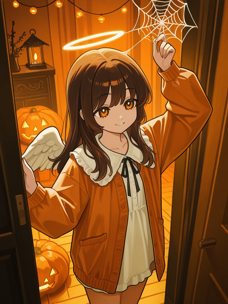 Angel with brown hair getting Halloween decorations put up