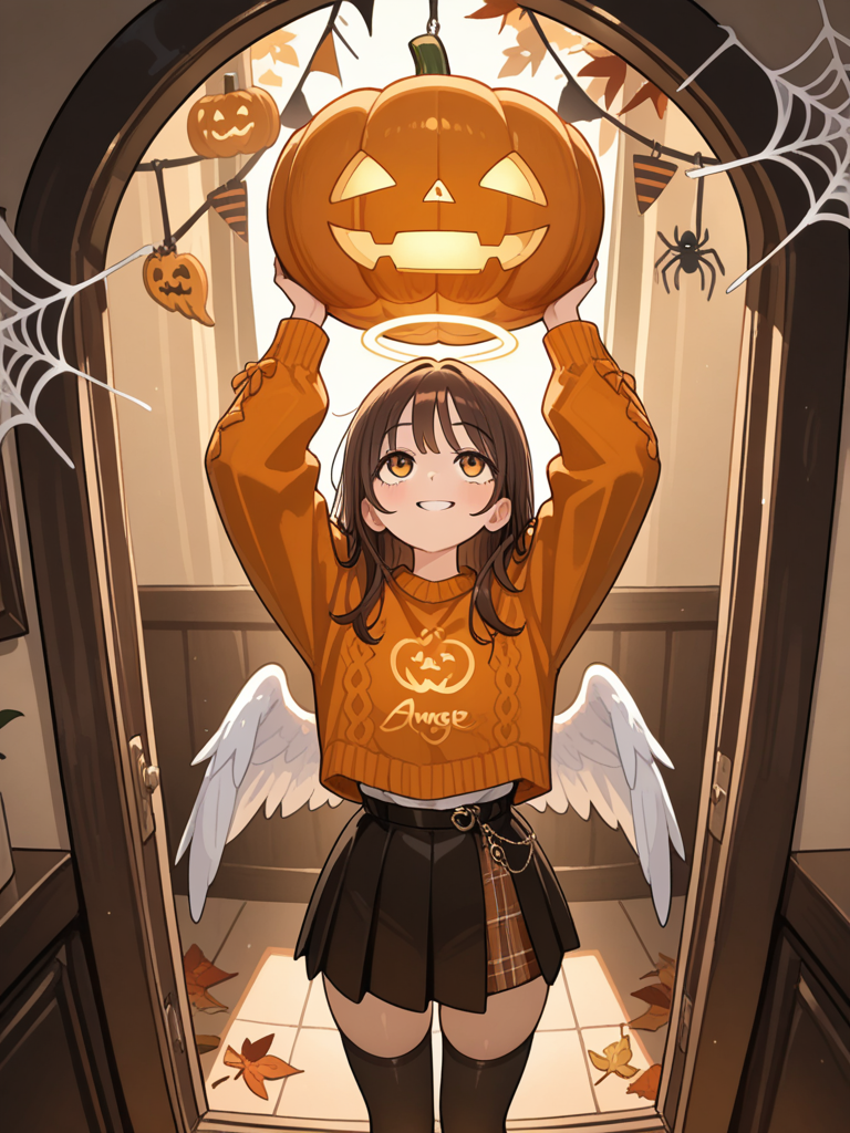 Angel with brown hair getting Halloween decorations put up