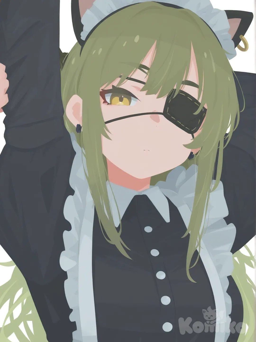 1girl, [flat-illustration-style], stretching, maid, earrings, eye patch, cat ears, long hair, green hair, upper body, clean background