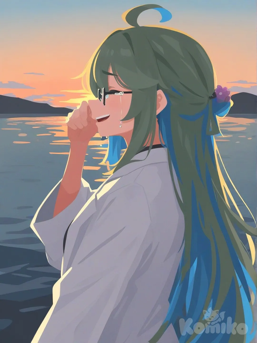 1girl, lab coat, glasses, hair accessory, long hair, very long hair, multicolo, multicolo, blue hair, green hair, upper body, smirk, laughing, looking at viewer, ahoge, [flat-illustration-style], twilight, outdoors, lake, wiping tears, side profile photo