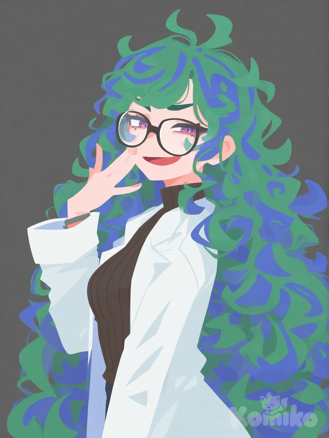 1girl, [flat-illustration-style], lab coat, clean background, glasses, hair accessory, fluffy curls, long hair, very long hair, multicolo, multicolo, streaked hair, blue hair, green hair, upper body, smirk, laughing, looking at viewer, from side