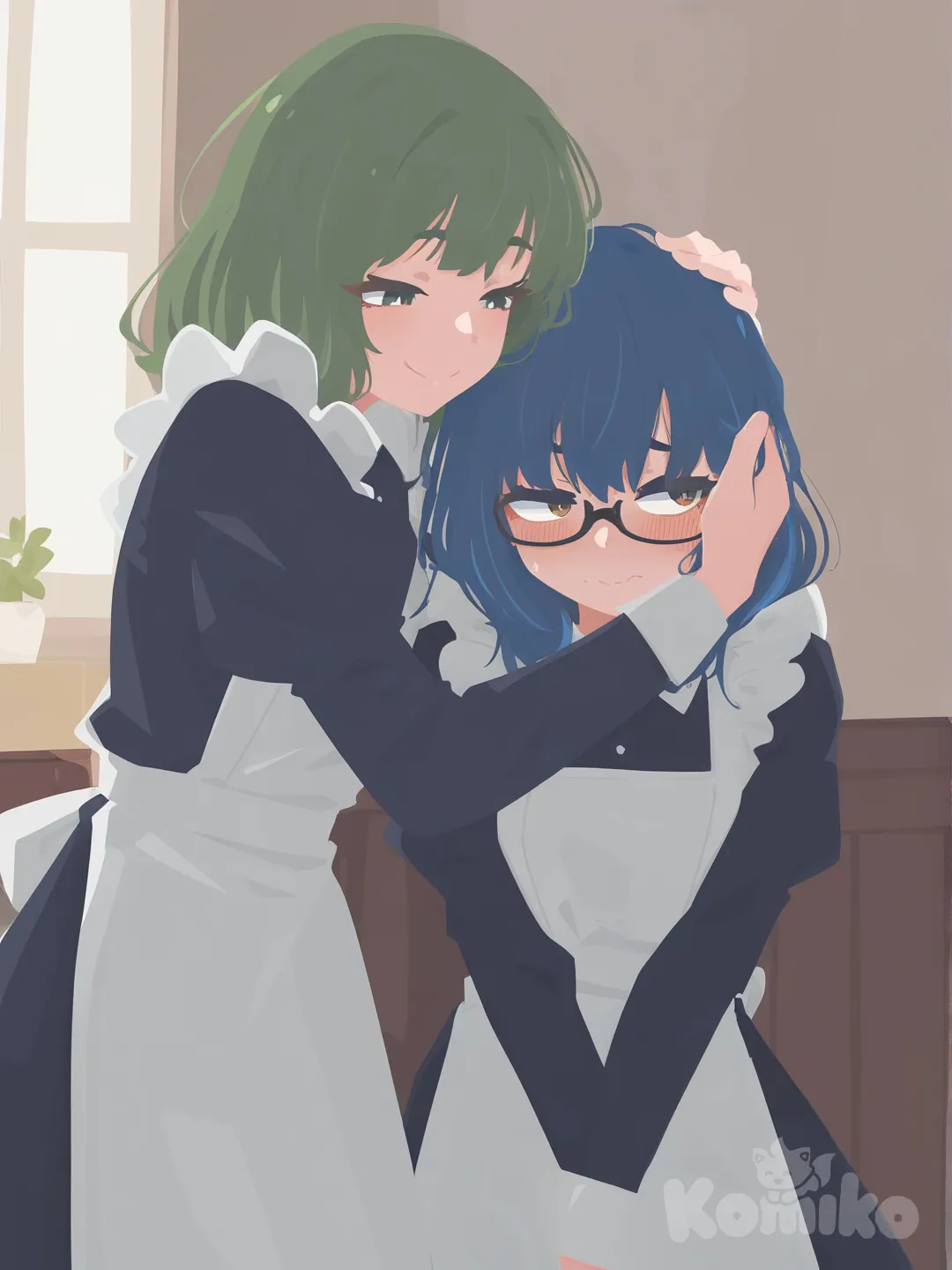 2people, [flat-illustration-style], hands on another's head, smile, maid, glasses, green hair, blue hair, medium hair, ins, indoors, 2girls, leaning on person, embarrassed
