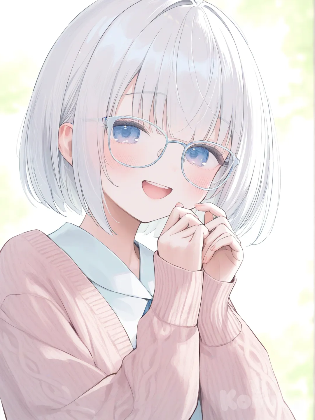 [soft-pastel-style] , glasses, knitted cardigan, laughing, ivory white hair, bob cut, looking at viewer, upper body, day
