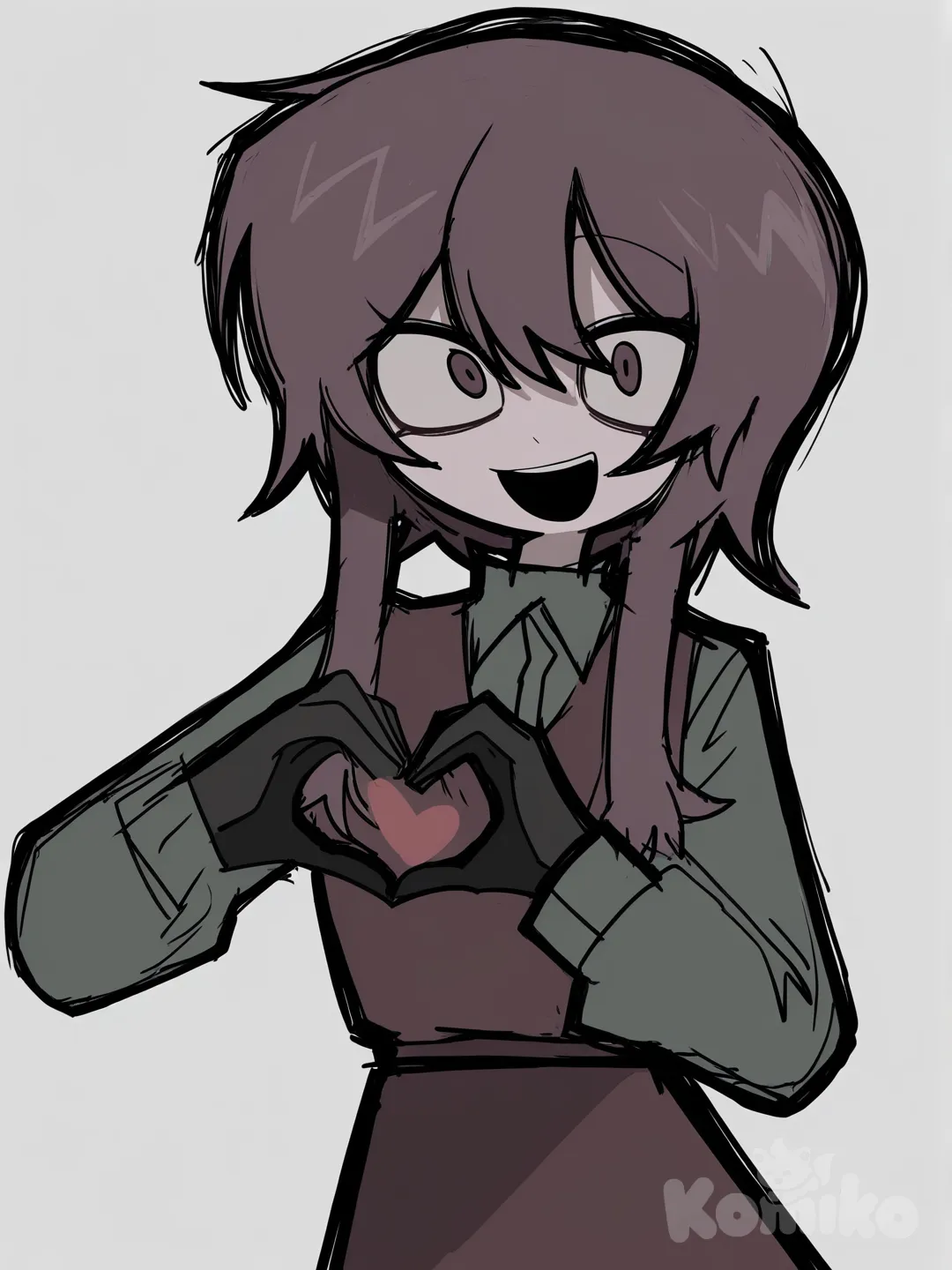 1girl, [pop-sketch-style], heart hands, smile, open mouth, upper body, clean background