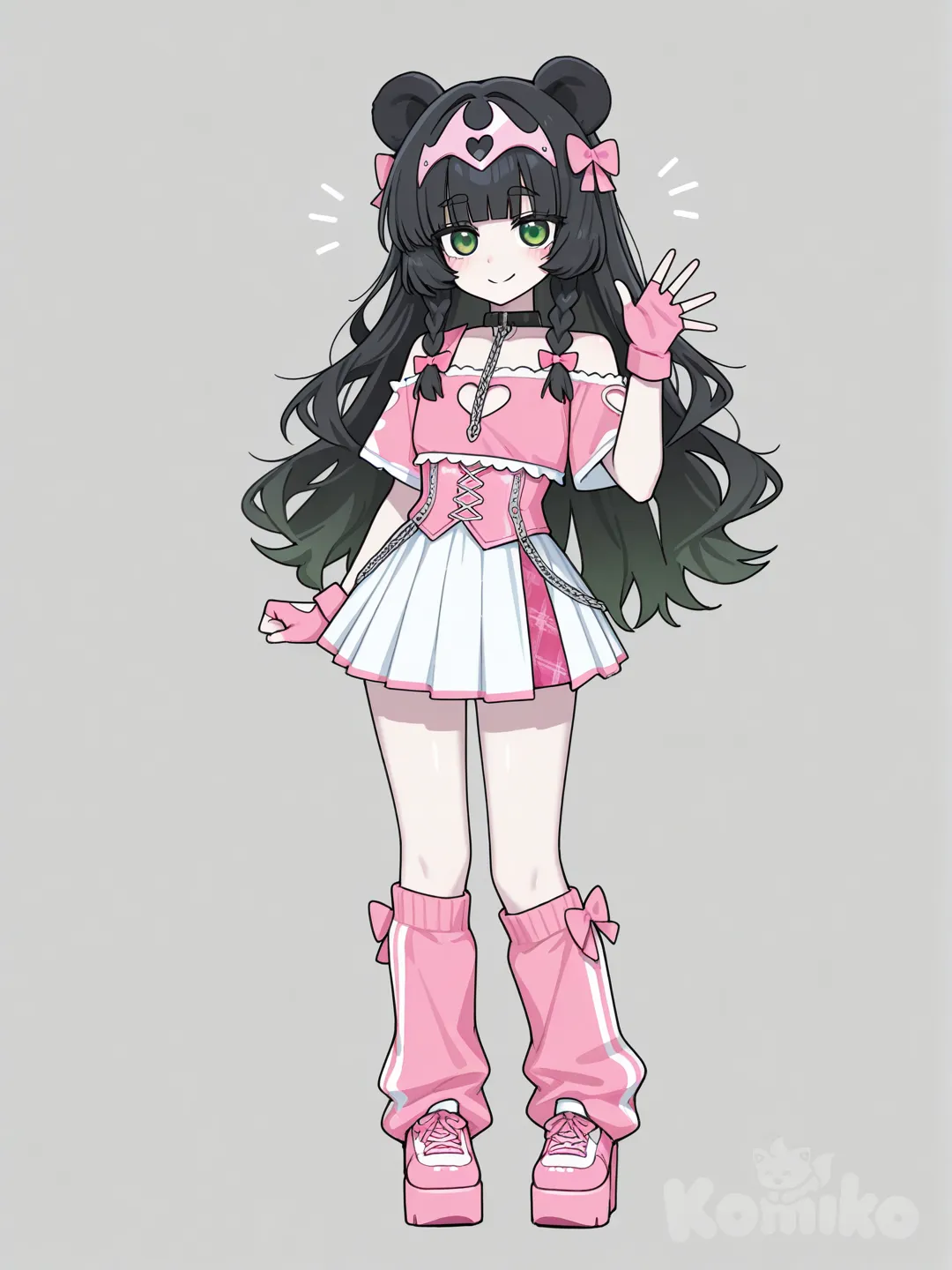 [toon-shaded-style], humanoid panda girl, white skin, black panda markings on face, rounded black ears, large bright green eyes, long, wavy black hair, bangs are straight and blunt across the forehead, rest of the hair is pulled into a long, voluminous braid that drapes over the shoulder, hair is accessorized with an elaborate pink headpiece, featuring chains, beads, and a decorative light-pink bow perched on the left side, a structured soft pastel pink top resembling a cropped corset with heart-shaped detailing, short and pleated white with a hint of pink skirt, cozy-looking pastel pink leg warmers paired with platform-style pink shoes, sleeves, decorated with patterned accents, fingerless glove, waving, smile, blush, full body, looking at viewer