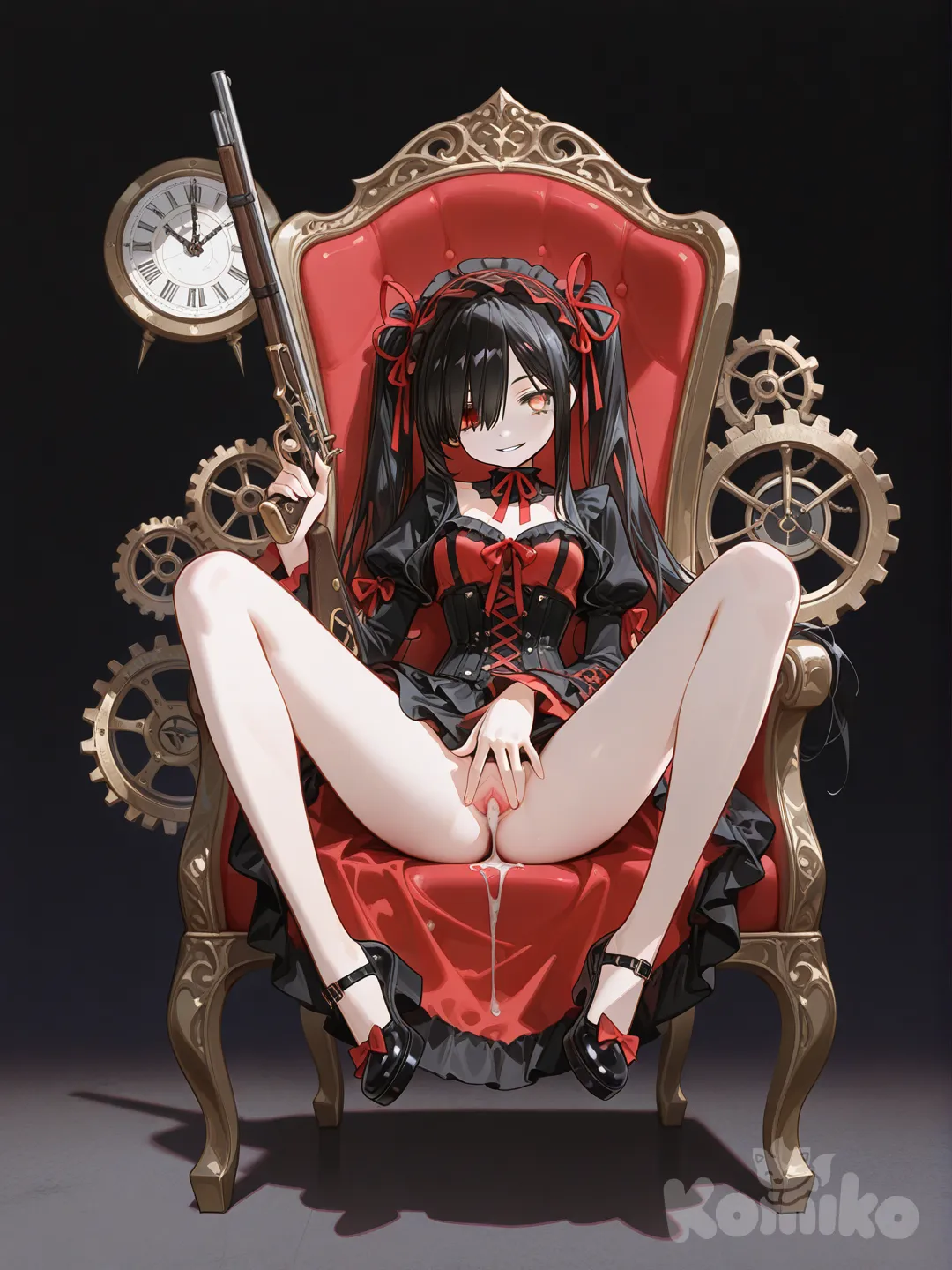 1girl, kurumi_tokisaki, date_a_live, long_hair, black_hair, twintails, hair_ribbon, red_ribbon, hair_over_one_eye, heterochromia, golden_eyes, red_eyes, clock_eyes, pale_skin, elegant, mysterious, black_dress, red_dress, gothic_lolita, lace, corset, frills, holding_flintlock, holding_musket, dark_background, gothic, floating_clock_gears, seductive, playful, dangerous, single character, full body, looking at viewer, anime style, simple background, [high-gloss-illustration-style] ,sitting on throne, evil smile , Use fingers to spread open the vagina , cum on pussy