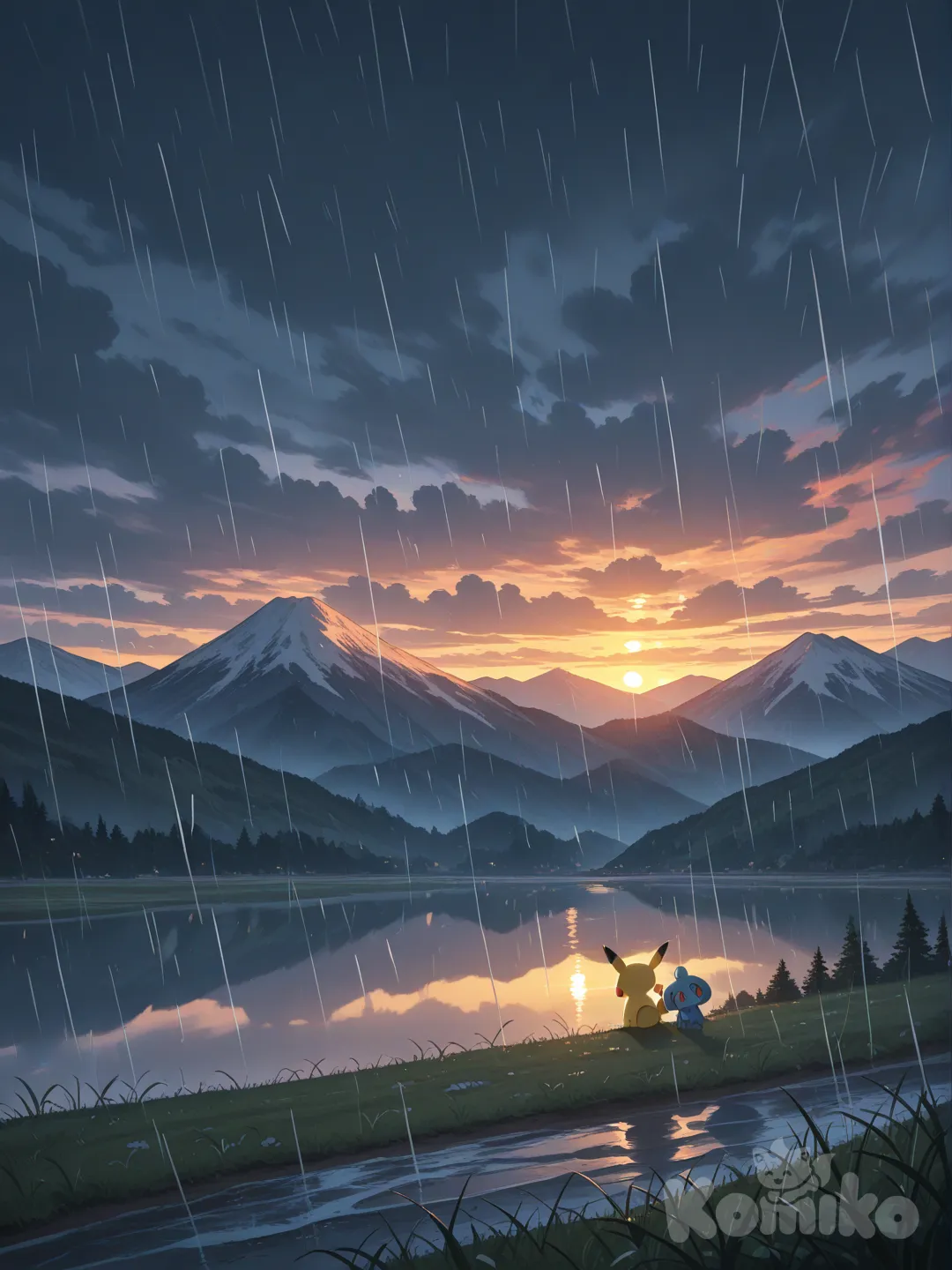 rain, pokemon (creature), sunset, mountain