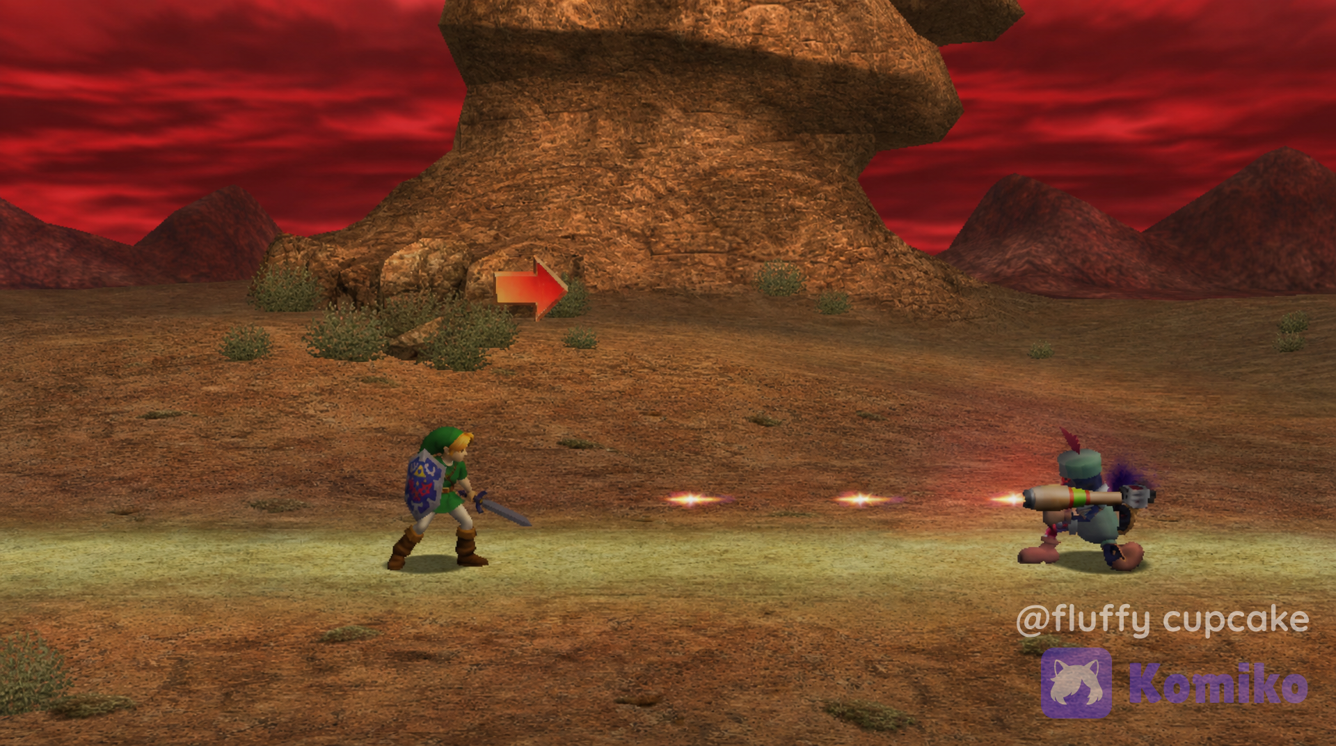 Create an image of The Wilds from Super Smash Bros. Brawl with the scenery of Death Mountain Trail from Ocarina of Time and skies of Crait from Star Wars with textures from Ocarina of Time and replace Ike's model with Link's model from Ocarina of Time.