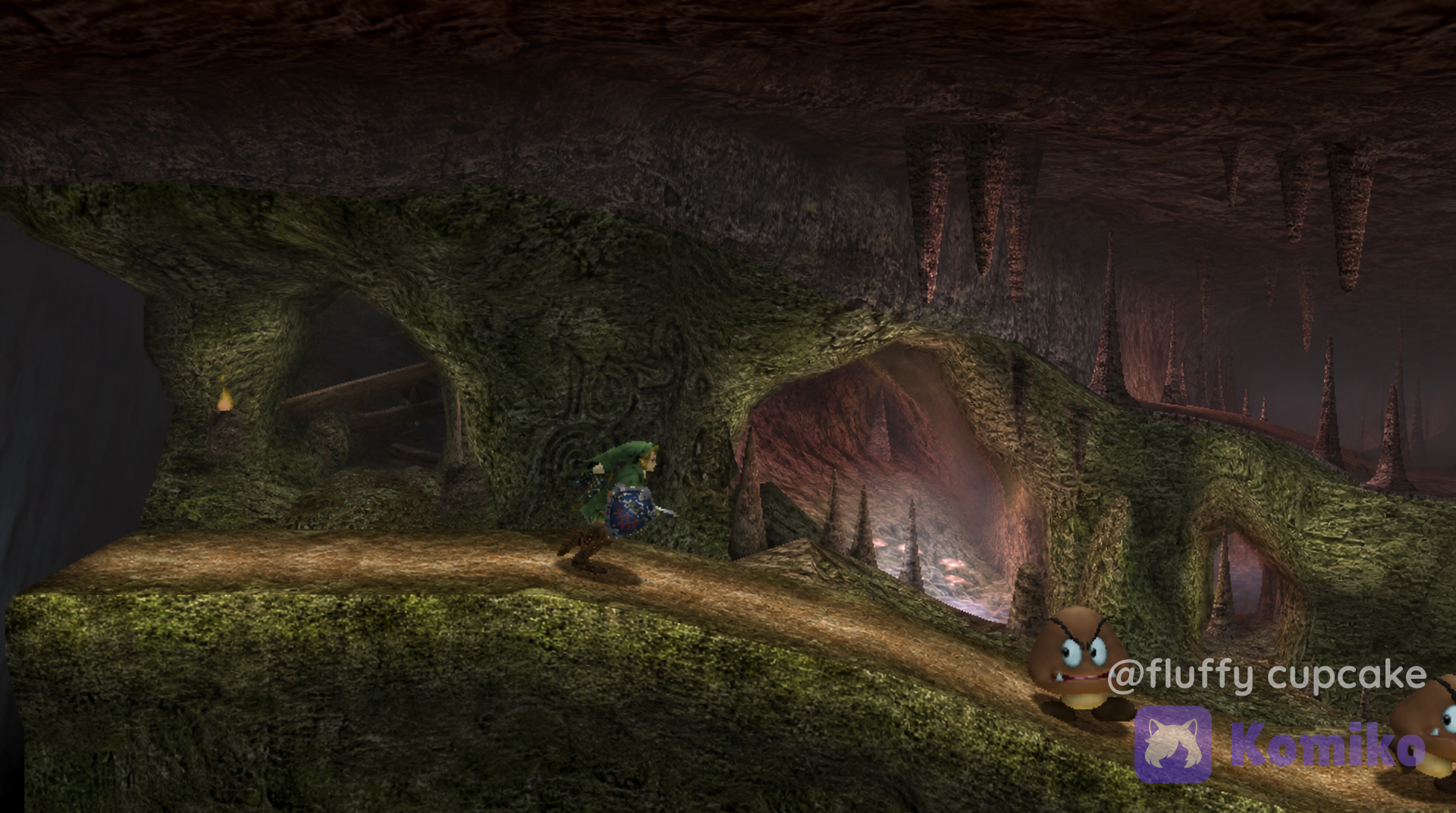 Create an image of The Cave from Super Smash Bros. Brawl with the scenery of the Dodongo's Cavern interior from Ocarina of Time and caverns of Crait from Star Wars with textures from Ocarina of Time.