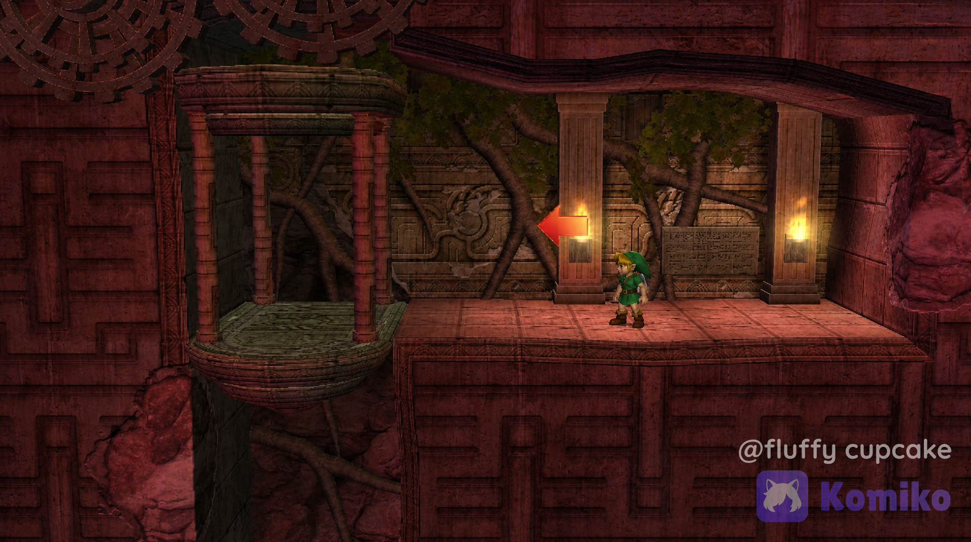 Create an image of The Ruins from Super Smash Bros. Brawl with the scenery of the Goron Temple interior and red stone floors and walls in Crait from Star Wars with textures from Ocarina of Time and replace Lucas' model with Link's model from Ocarina of Time.